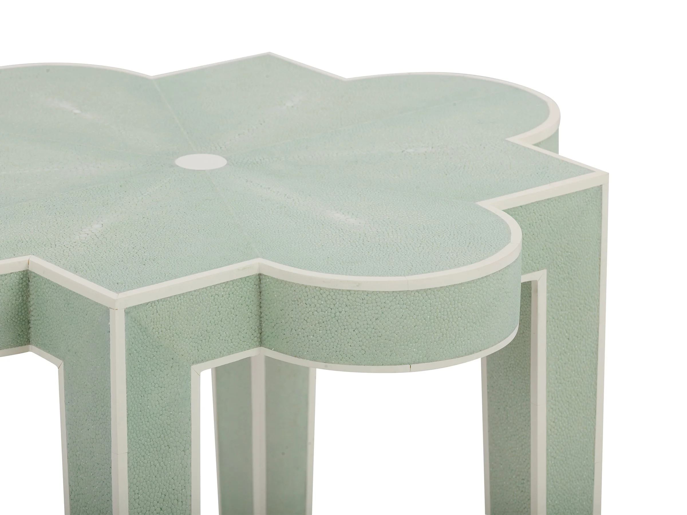 Detail view of the Lani Table in La Mer shagreen with bone trim