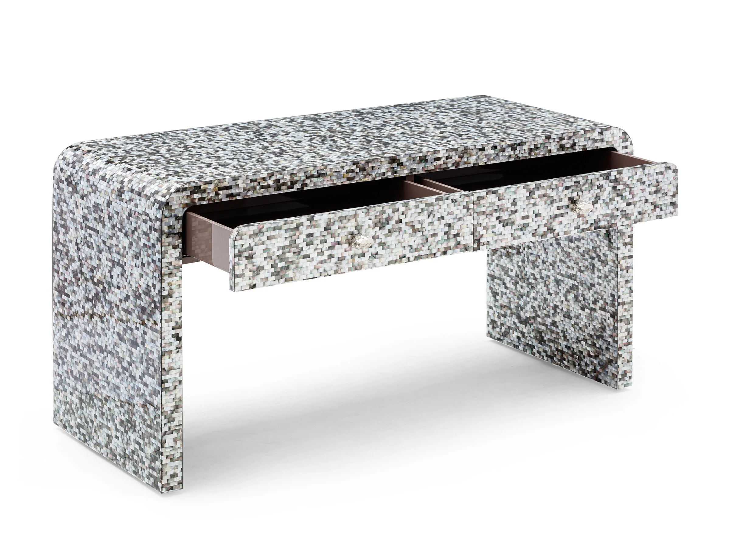 Angled view of Horizon Desk in Black Mother-of-Pearl with drawers open.