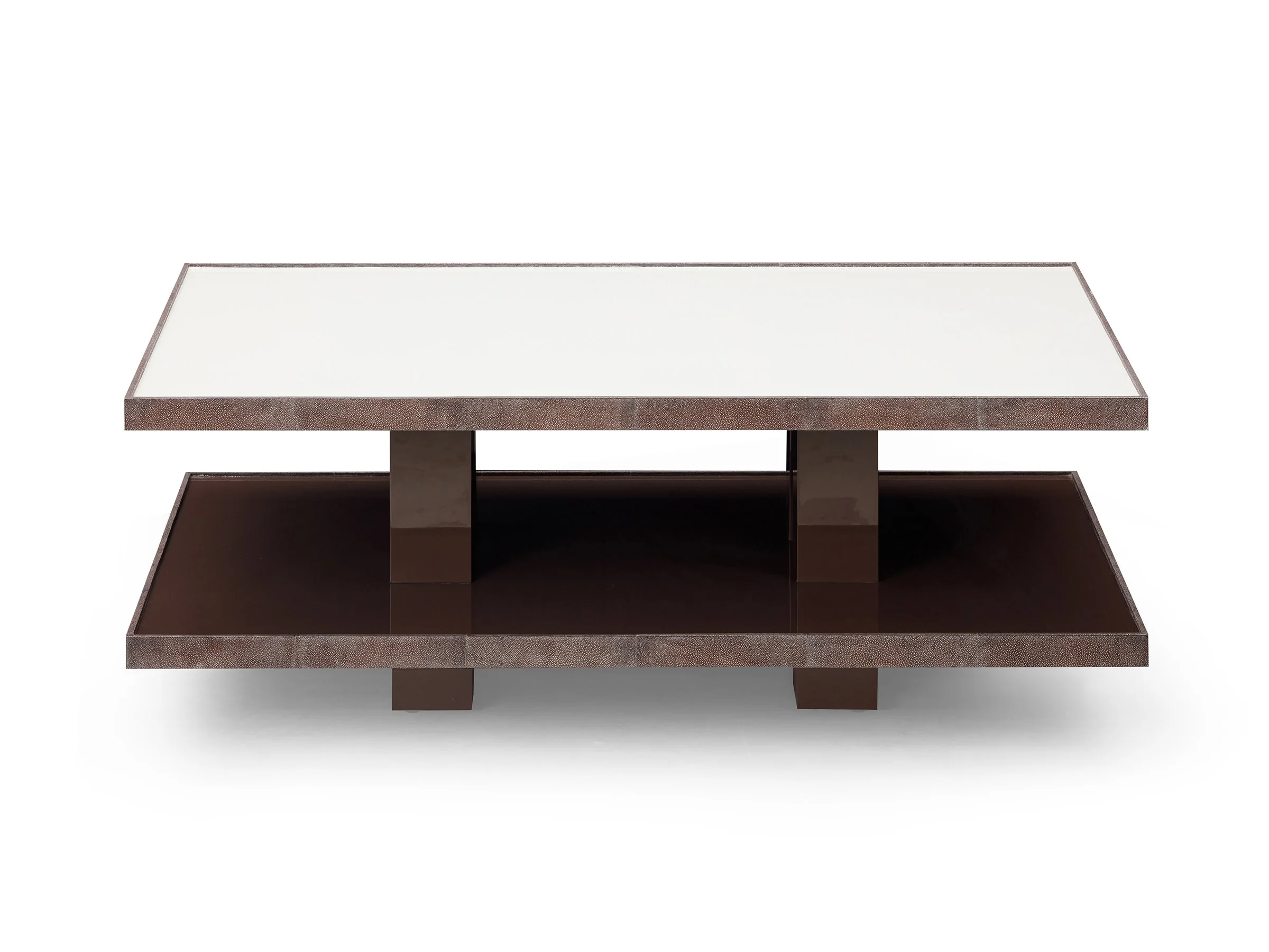Front view of Matteo Cocktail Table in Biscuit and Espresso lacquer with Truffle Shagreen trim