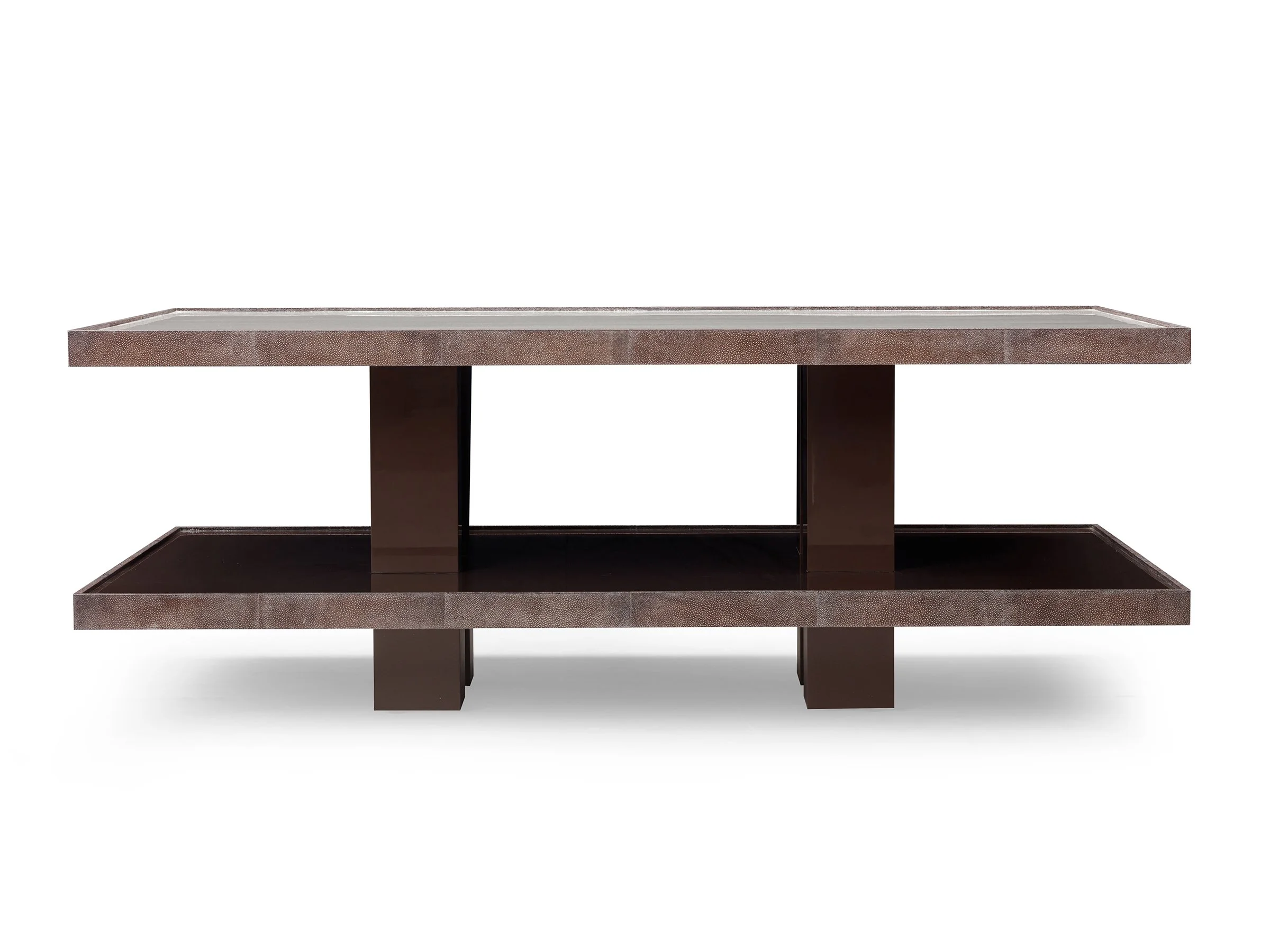 Front view of Matteo Cocktail Table in Biscuit and Espresso lacquer with Truffle Shagreen trim