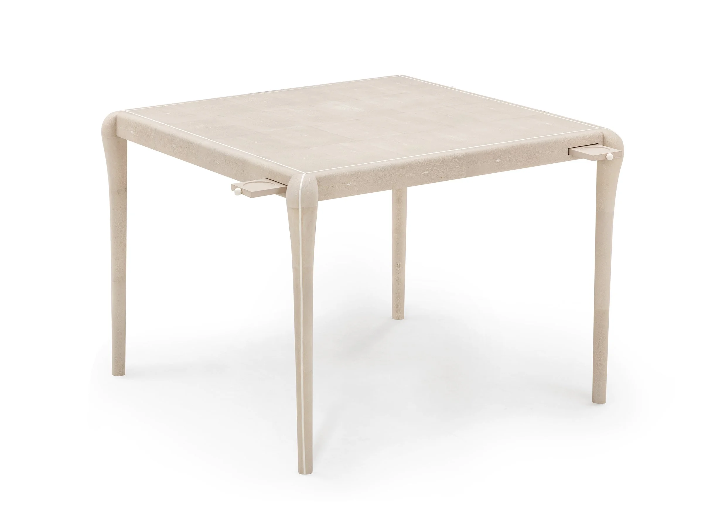 Angled view of Classical Game Table in antique shagreen with optional drink holders extended