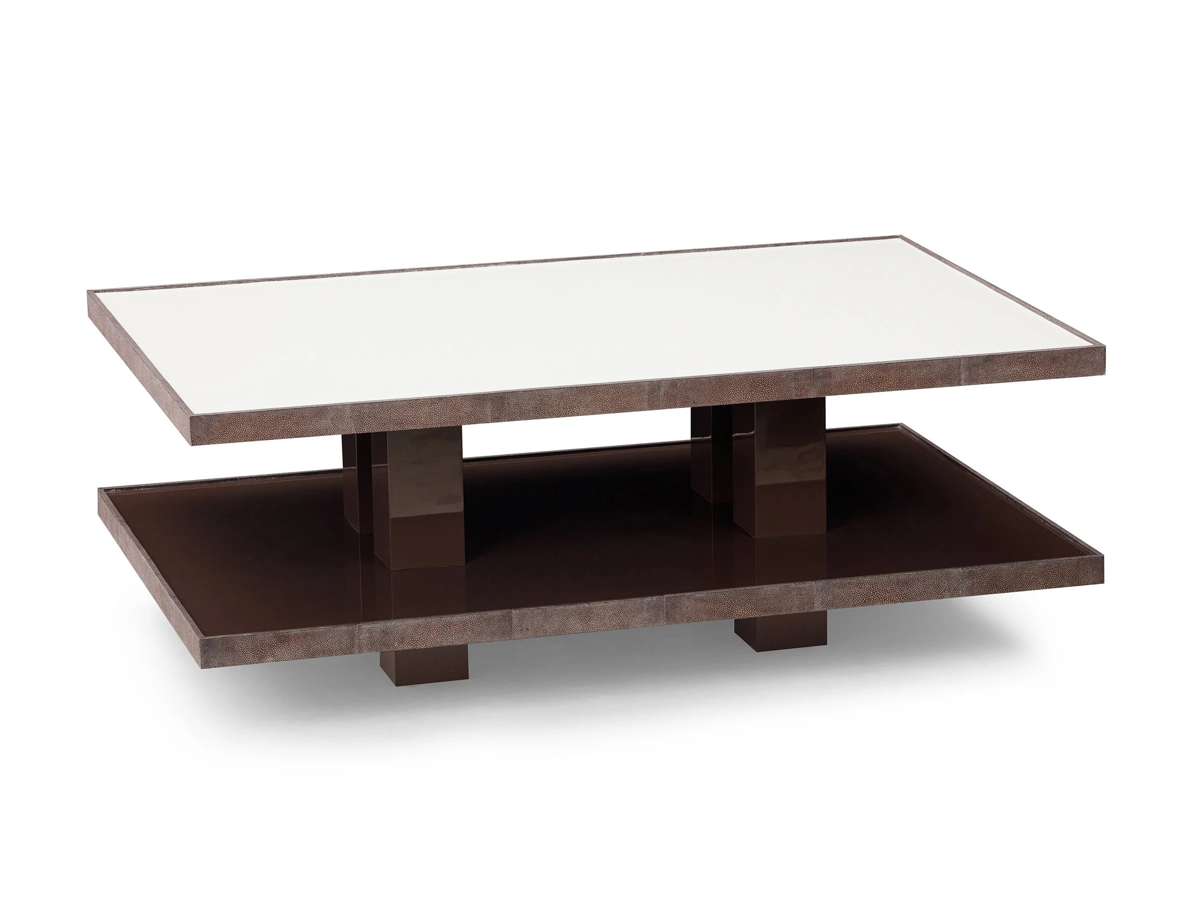 Angle view of Matteo Cocktail Table in Biscuit and Espresso lacquer with Truffle Shagreen trim