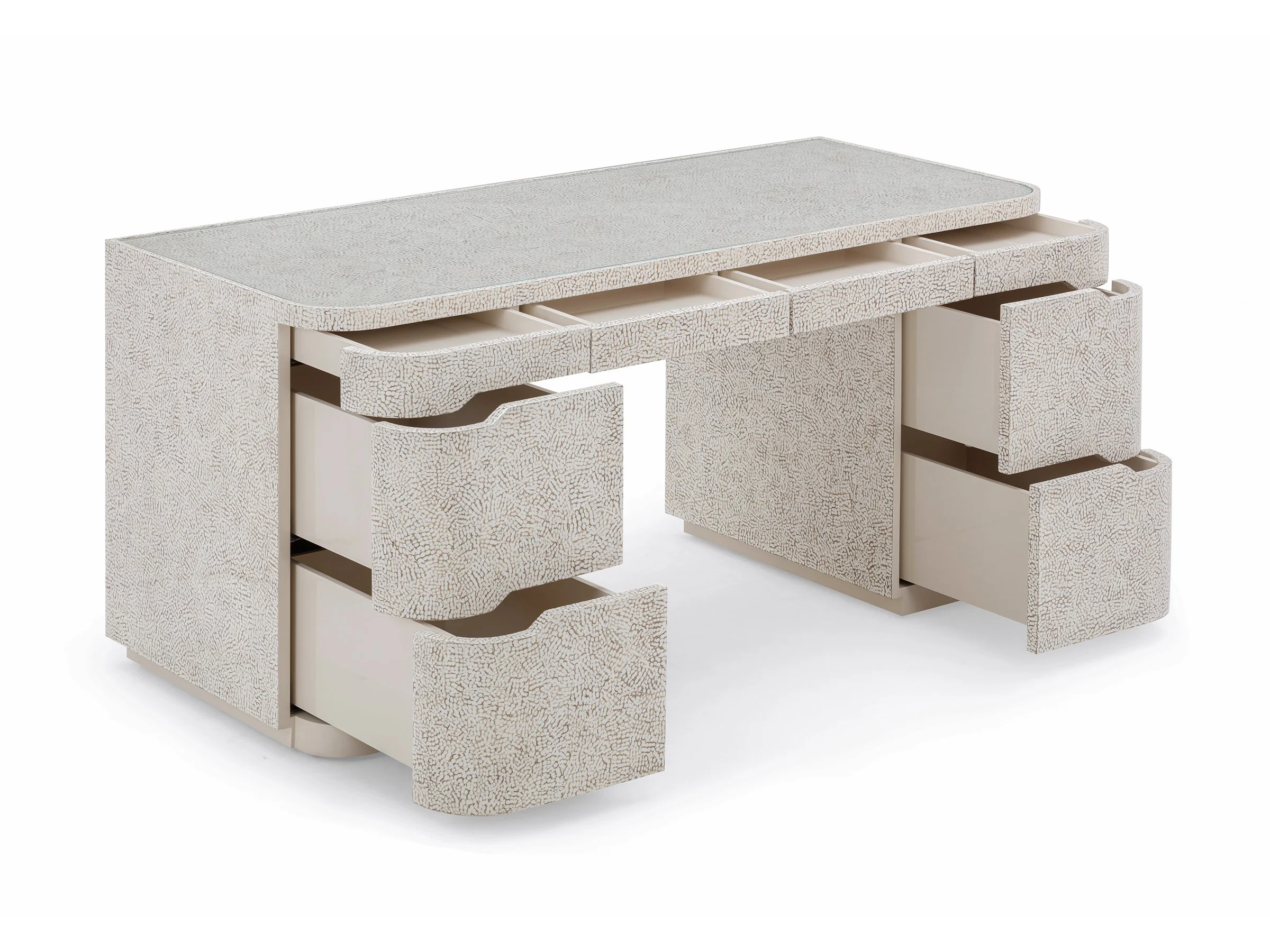 Open drawers revealing interior storage of the Floating Vanity in eggshell lacquer