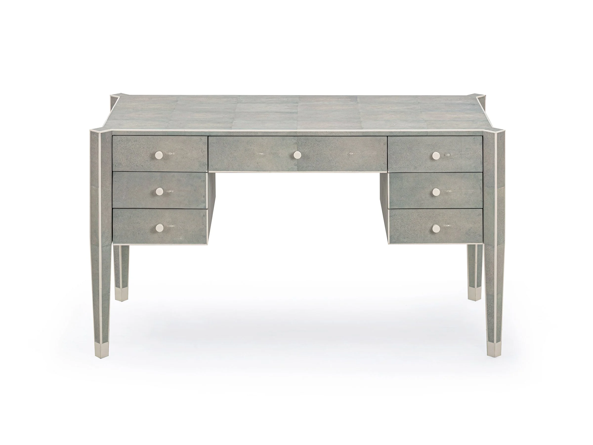 Front view of the Evelyn Desk in cashmere shagreen with bone trim, showing all seven drawers.