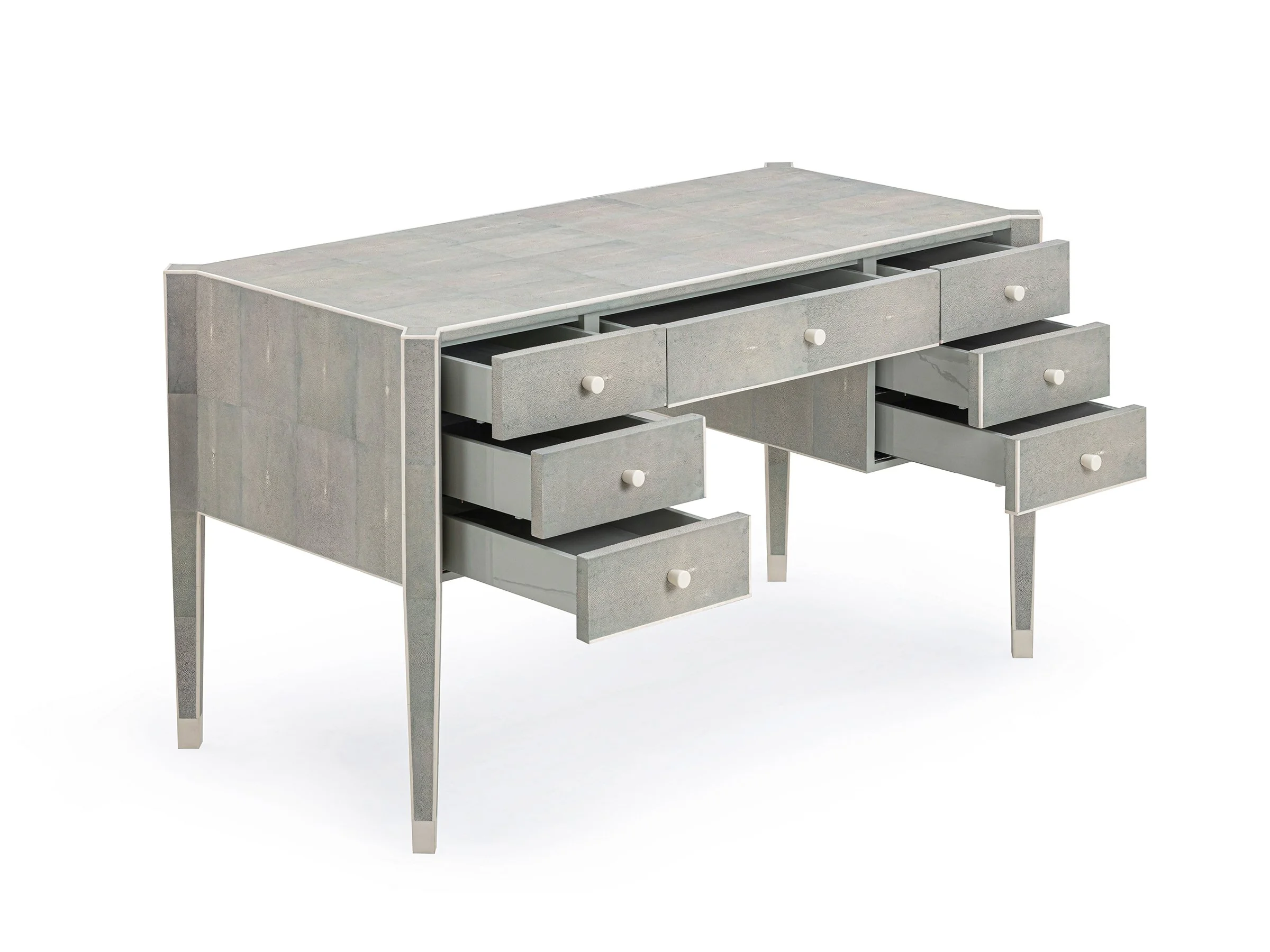 Side angle of the Evelyn Desk with all drawers open, displaying internal storage.
