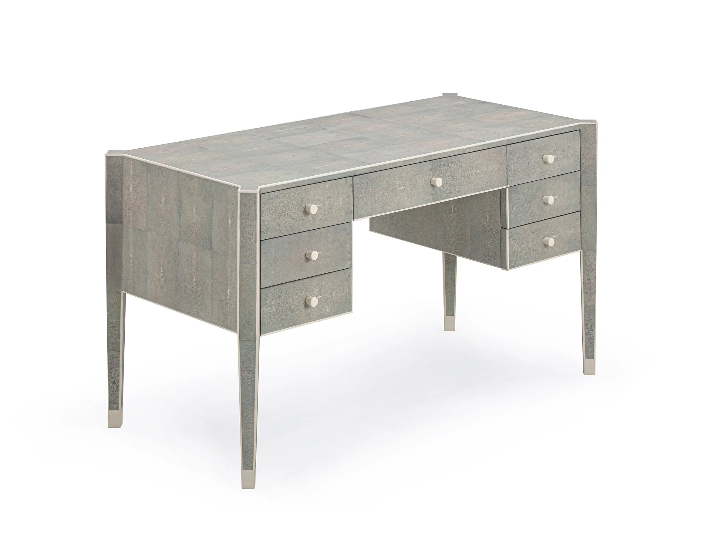 Angled view of the Evelyn Desk highlighting the tapered legs and drawer layout.