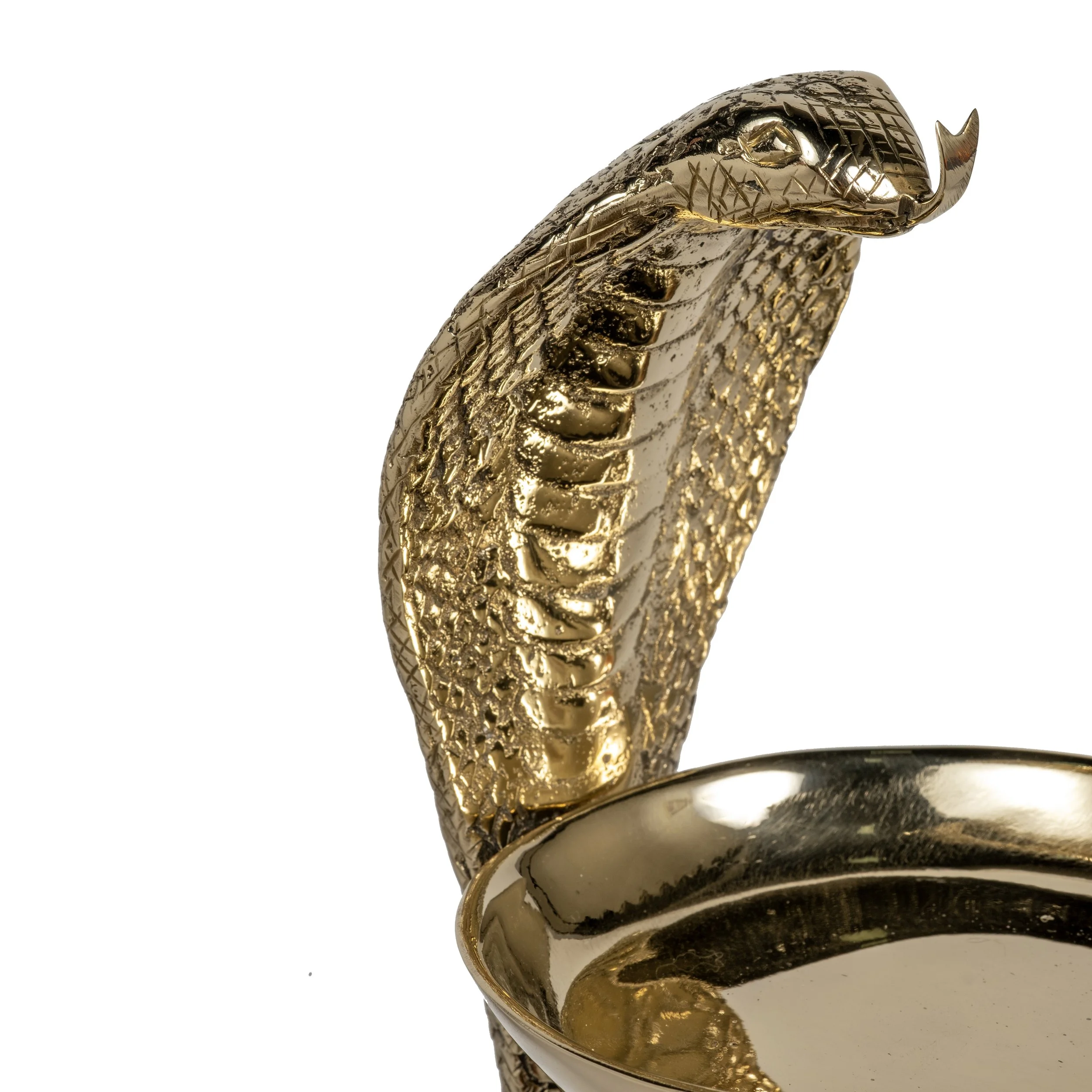 Close-up of the Cobra Drink Table’s hood and polished bronze detailing