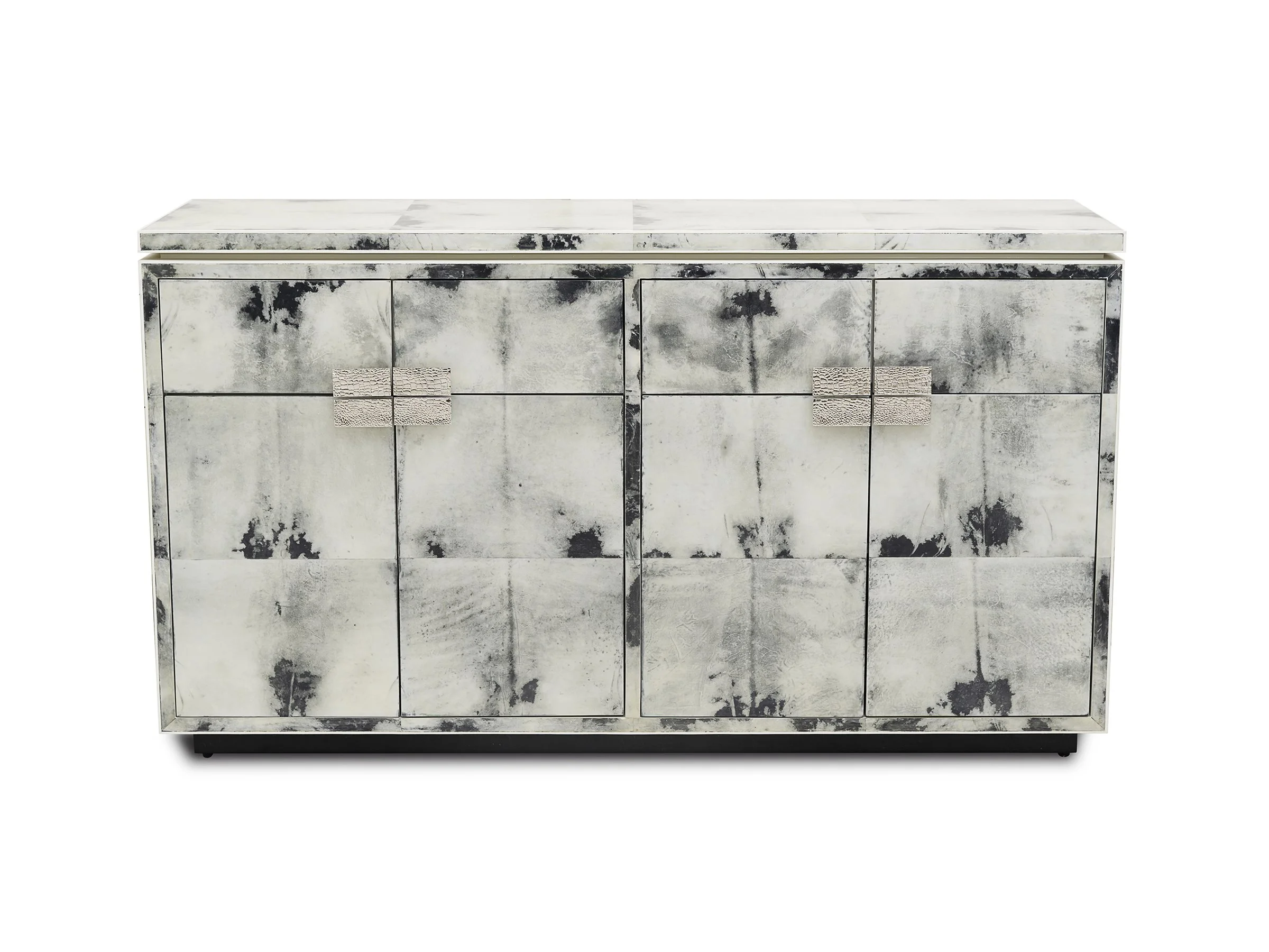 Elizabeth 4-door buffet in Storm Parchment with polished white bronze "alligator" pulls.