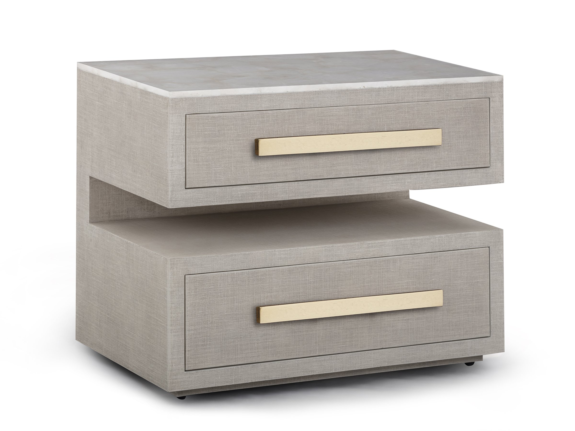 Hutton Stand in Snow Lacquered Linen with Celestial Crystal top, shown in angled view