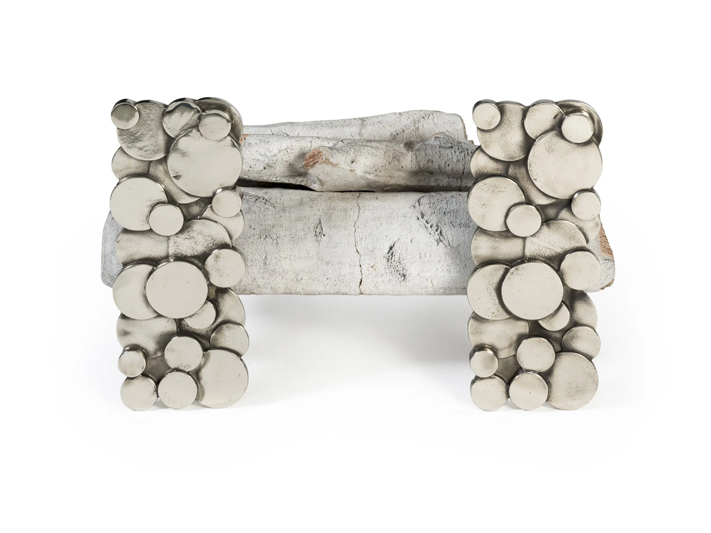 Alexandra Andirons with birch logs, styled for use in modern fireplace setting