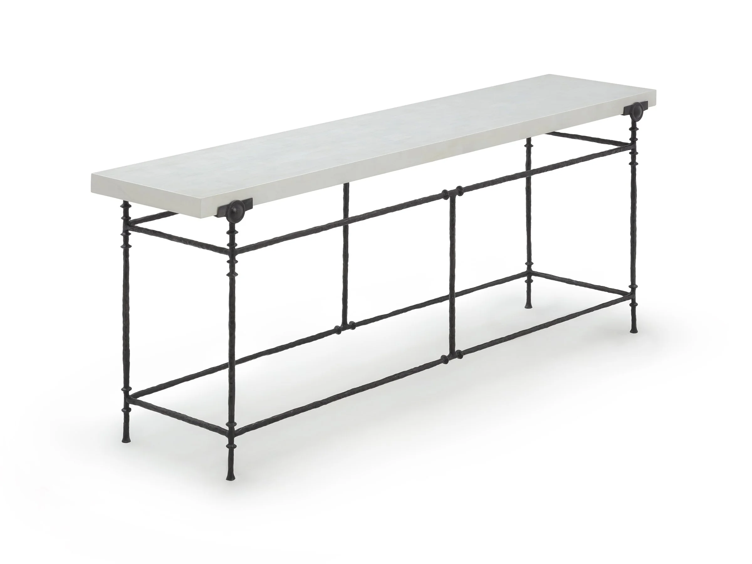 Lafoe Console shown in architectural brown bronze base with White Brushed Eggshell Lacquer top, angled view