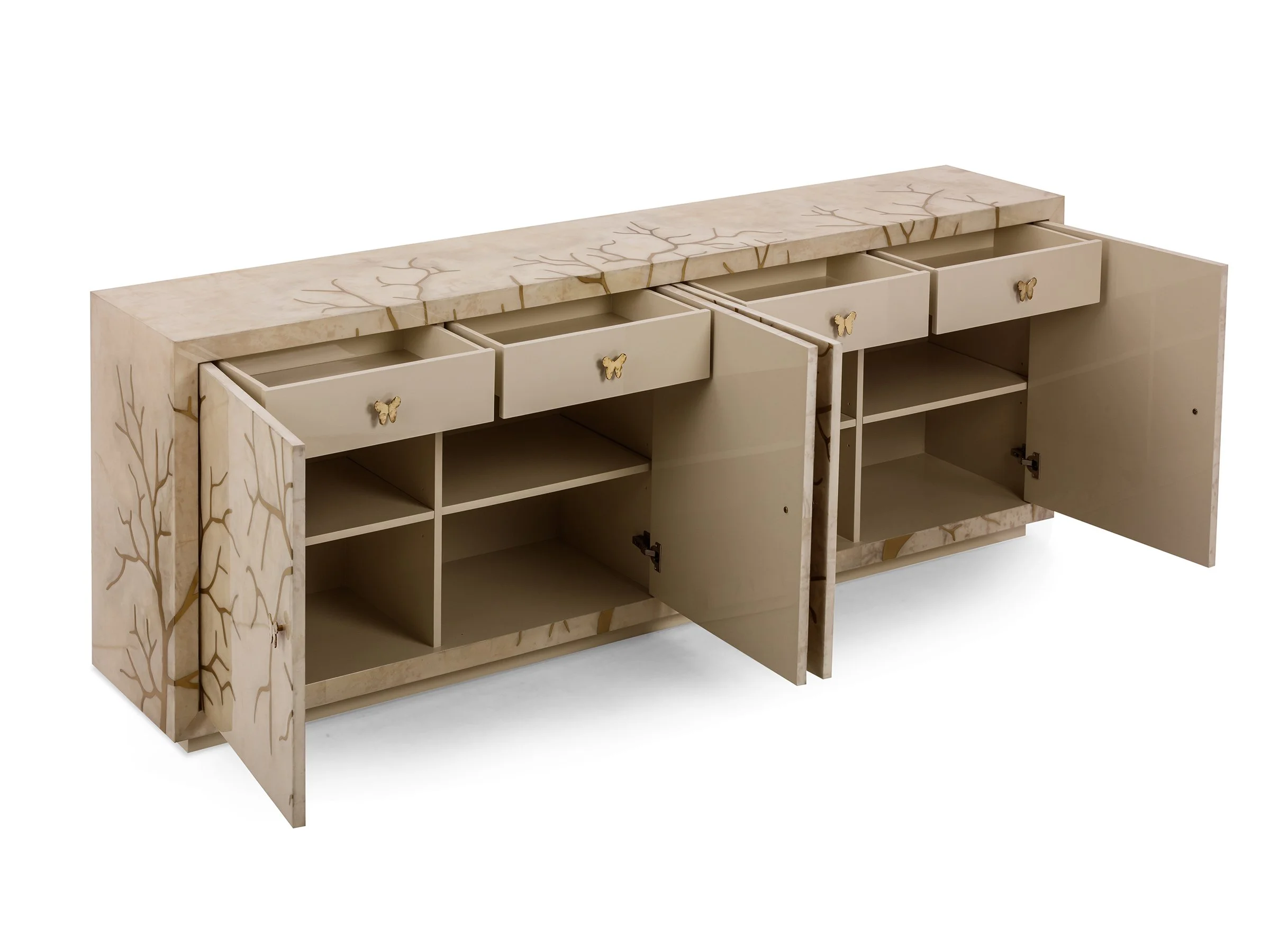 Faux Bois Cabinet open, showing interior storage and drawers.