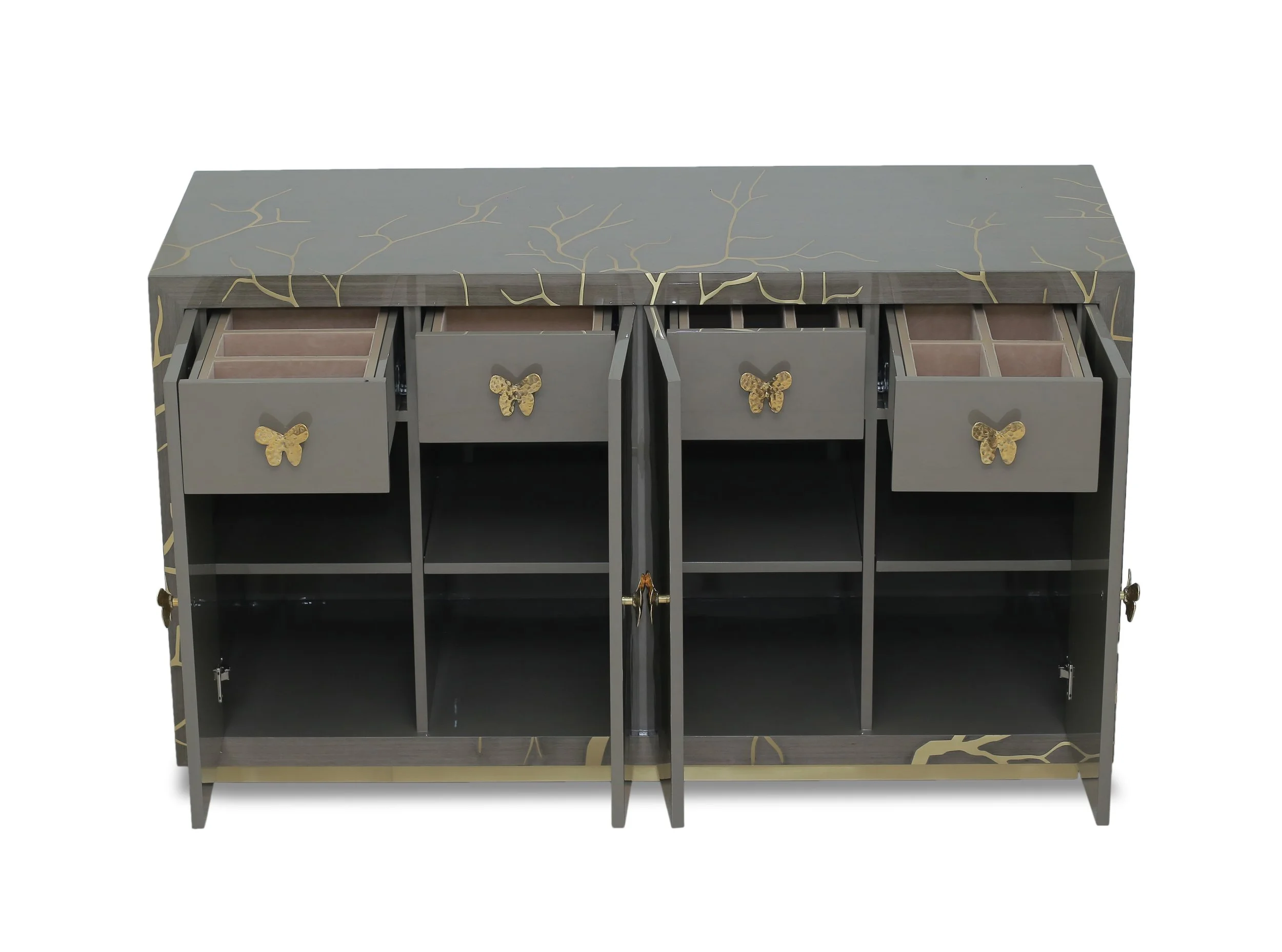 Faux Bois Cabinet open, showing interior storage and drawers.