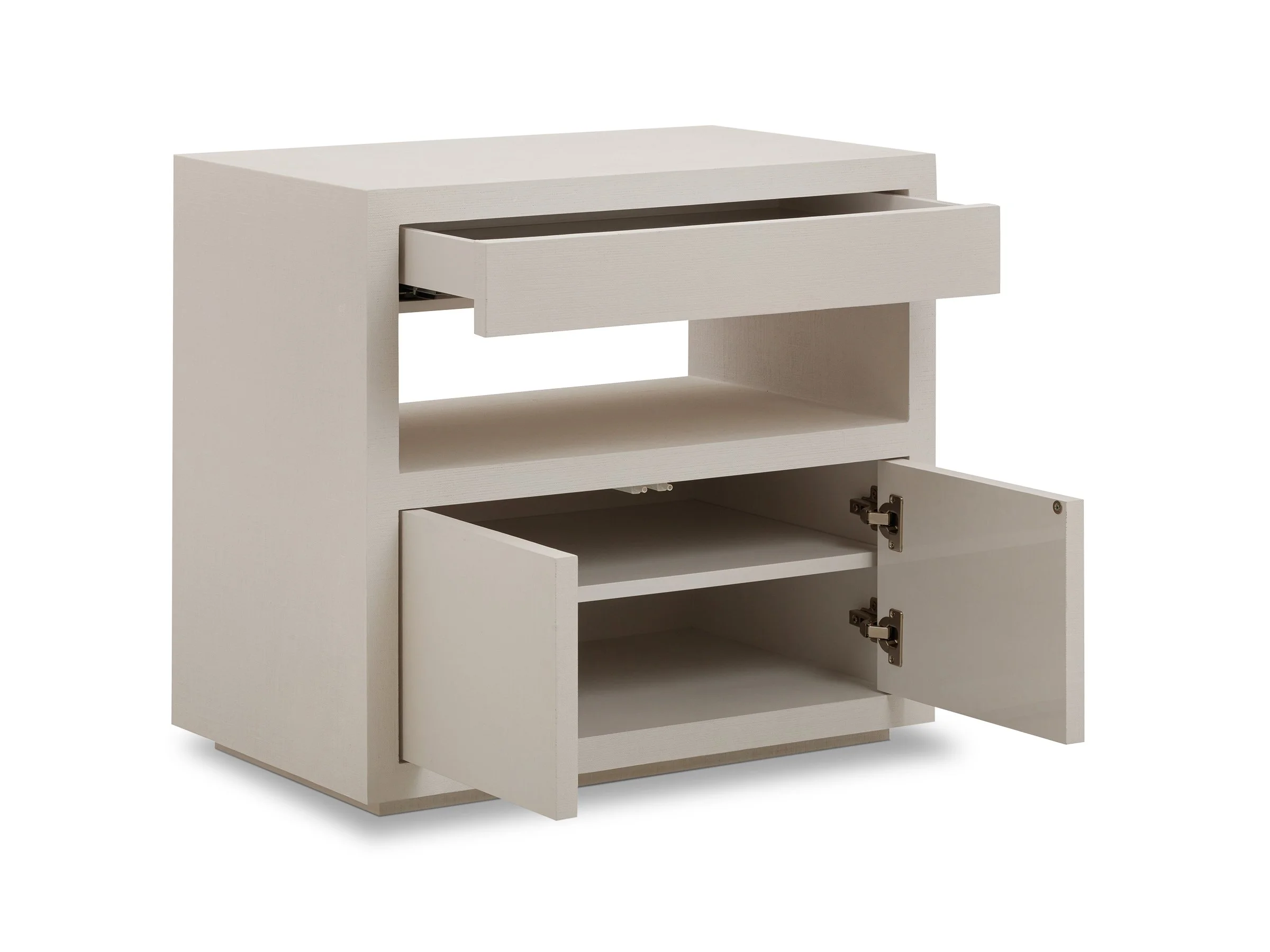 Angle view of the Jean Cabinet in Biscuit Lacquered Linen with drawer and doors open