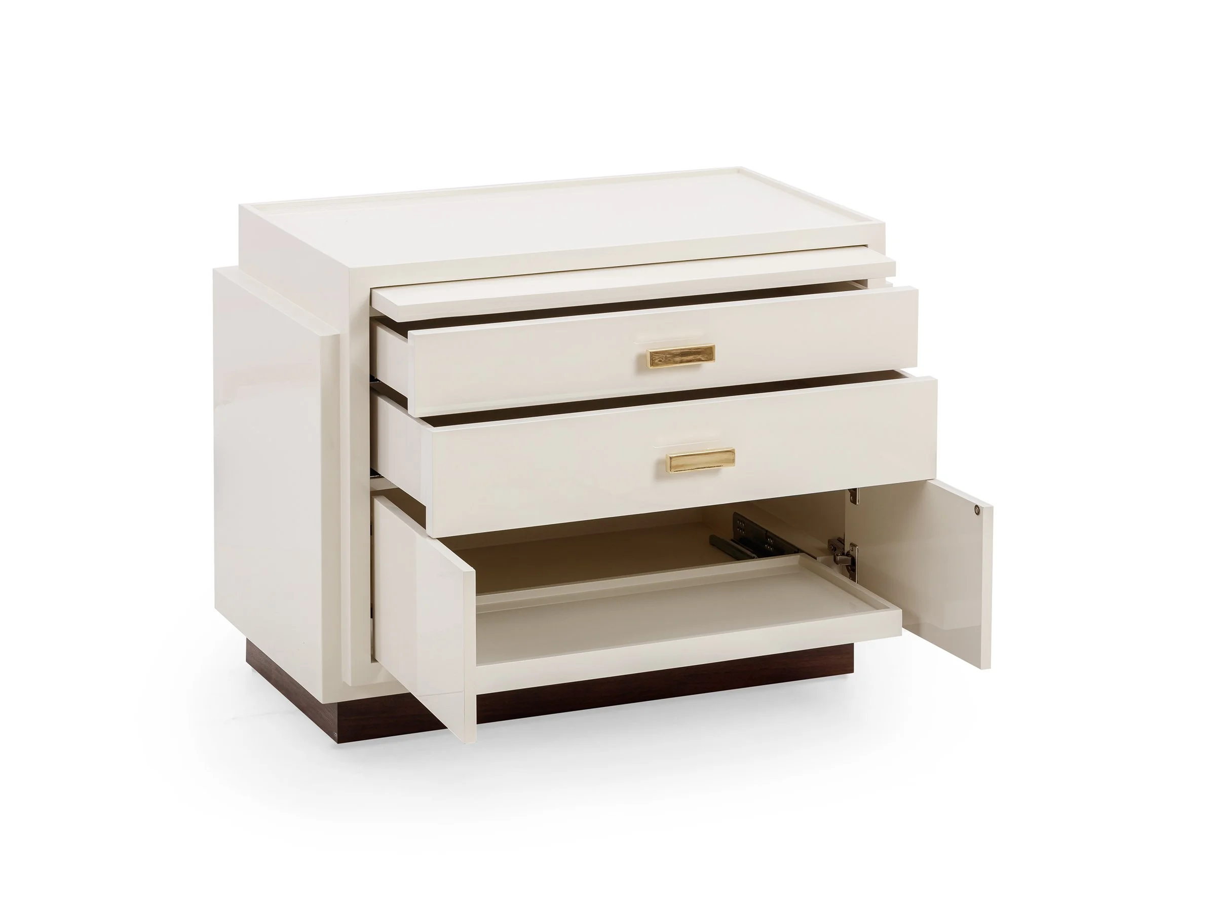 Angled view of Custom sized Phillip Cabinet in Moonshine Lacquer with drawers and doors open.