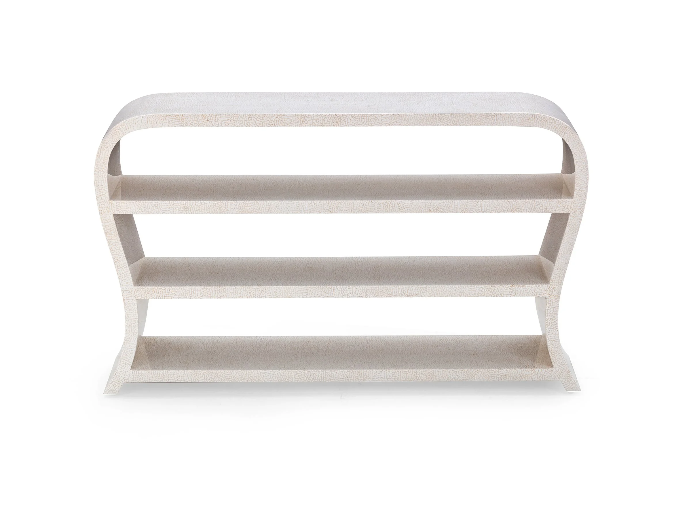 Edna Console shown in white/gold eggshell lacquer with sculptural curved form and open shelving