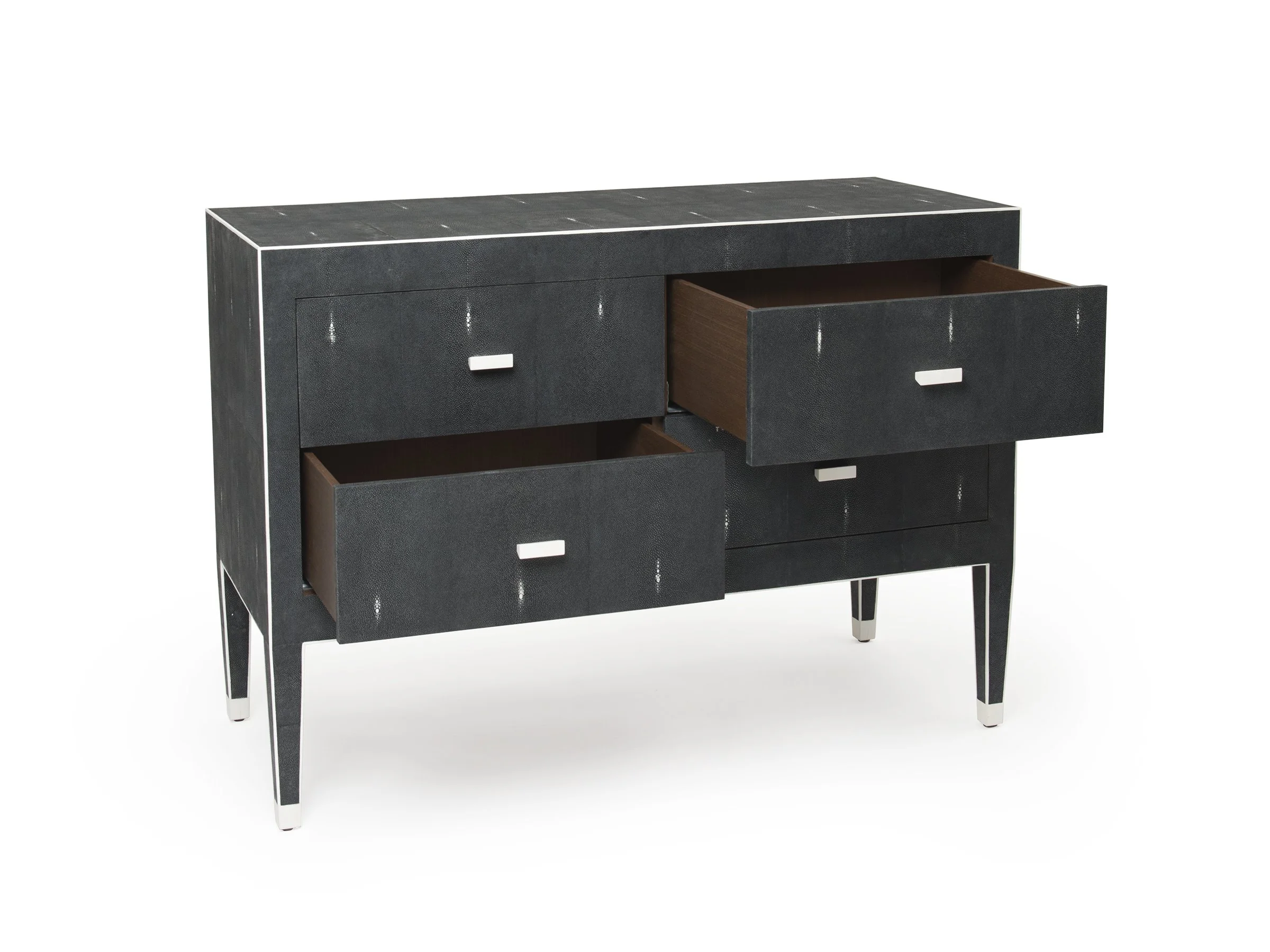 Open drawer view of The Matthew Dresser in Onyx Shagreen showing interior storage space