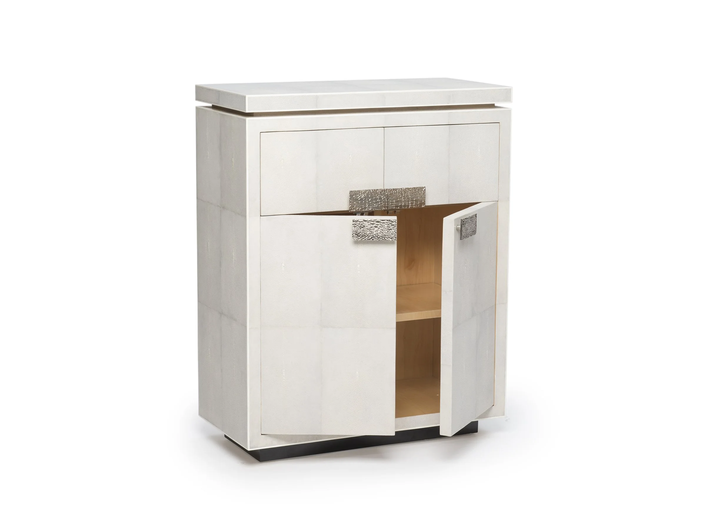 Elizabeth nightstand, Elegant nightstand with bronze hardware and shagreen finish cabinet doors open
