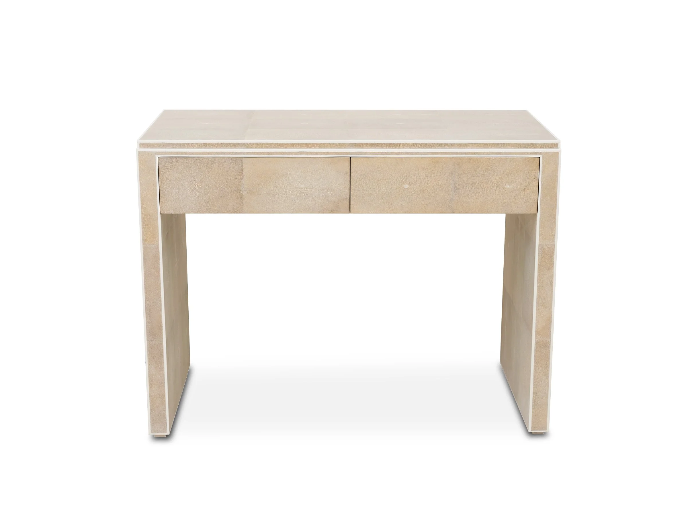 Front view of the Albert Desk in antique shagreen finish with two drawers.