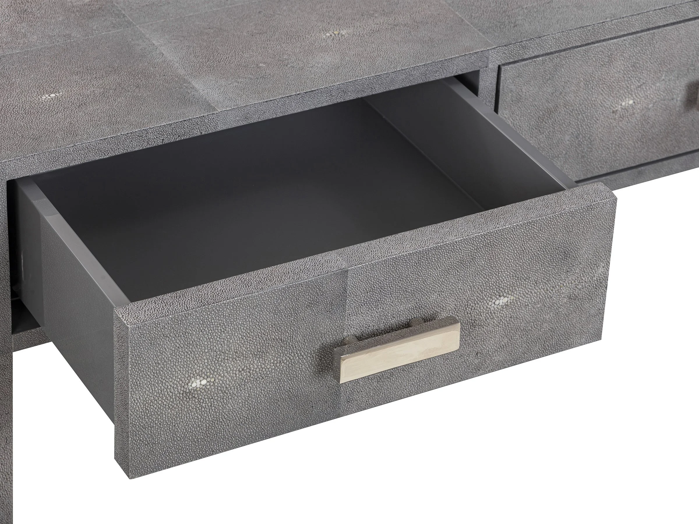 Detail view of the Hathaway Desk in Onyx Shagreen with drawer open