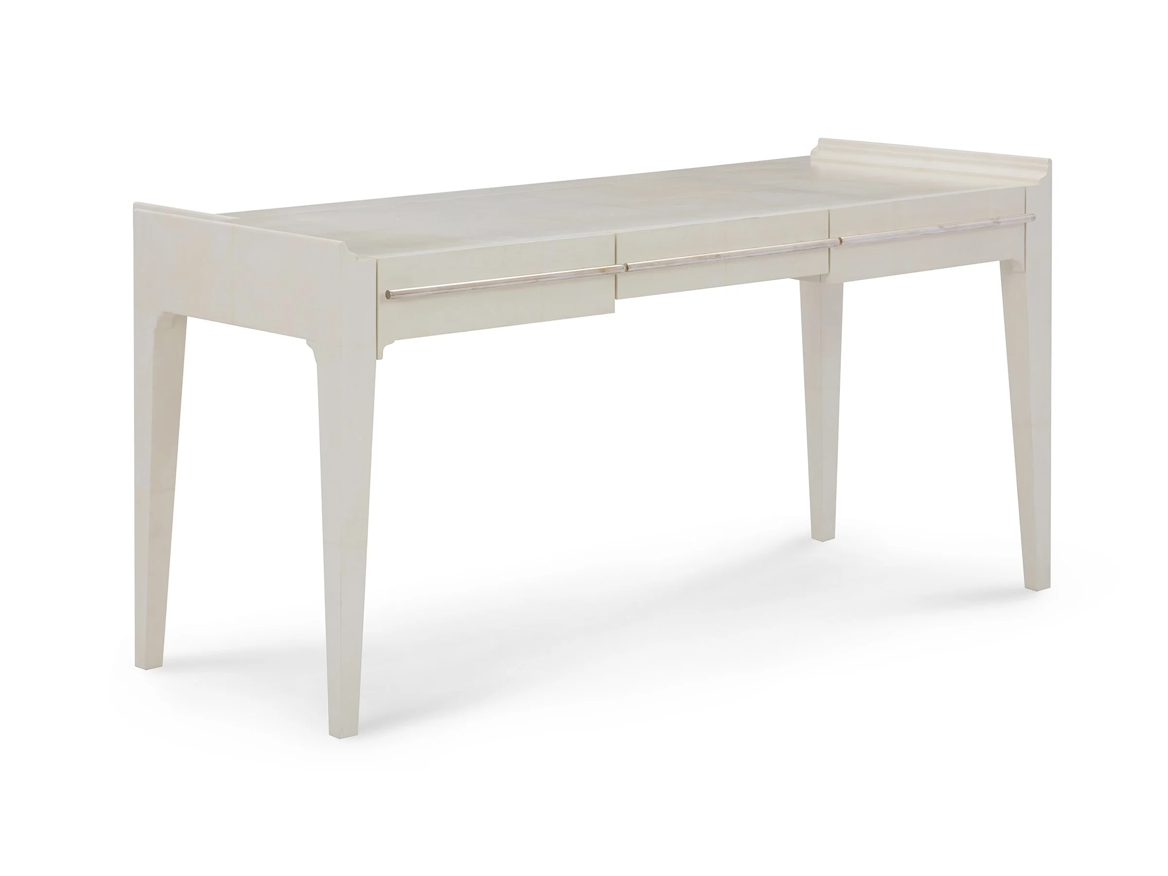 Angled view showing tapered legs and three front drawers