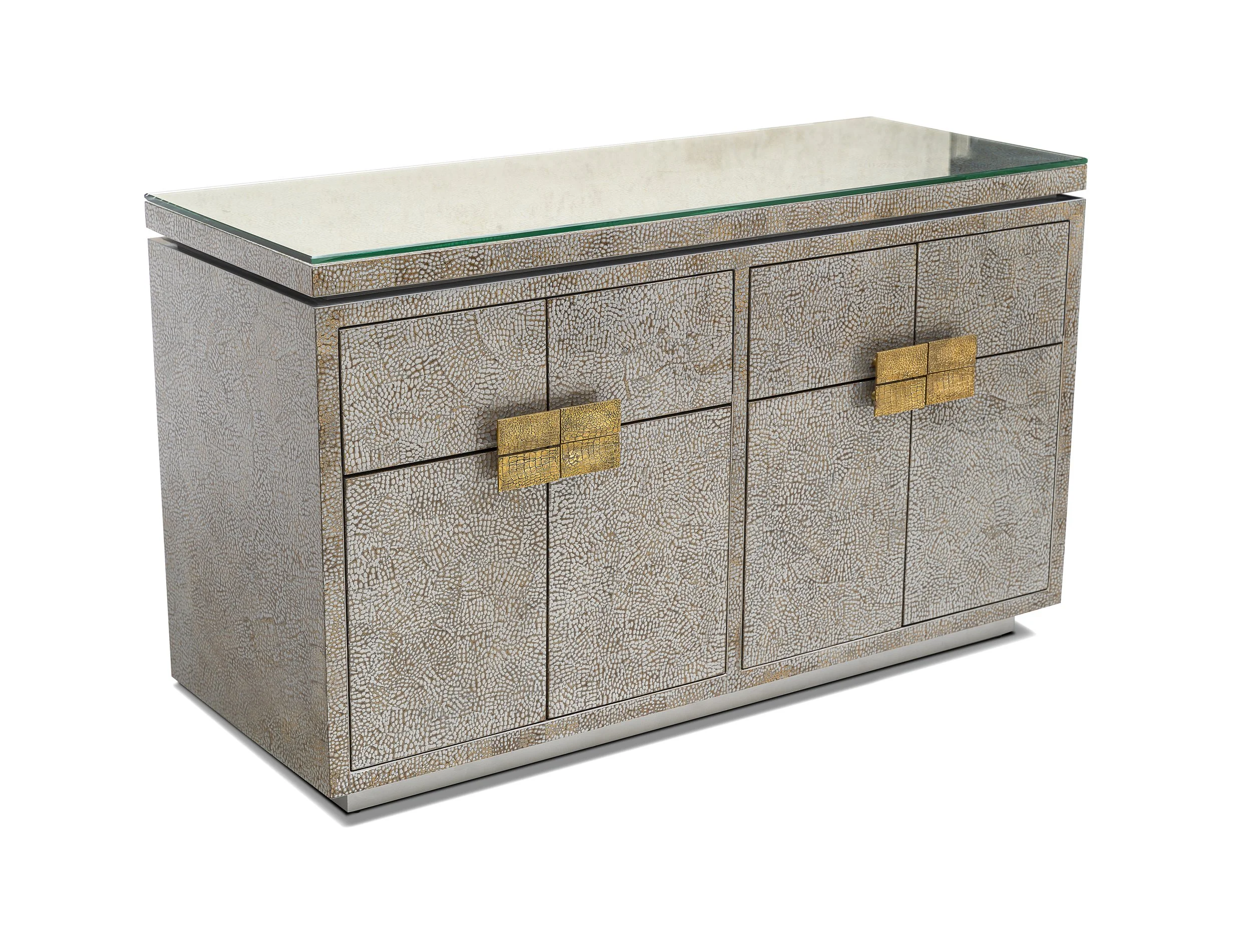 Side angle of Elizabeth Buffet in silver snakeskin eggshell lacquer showing glass top and textured finish