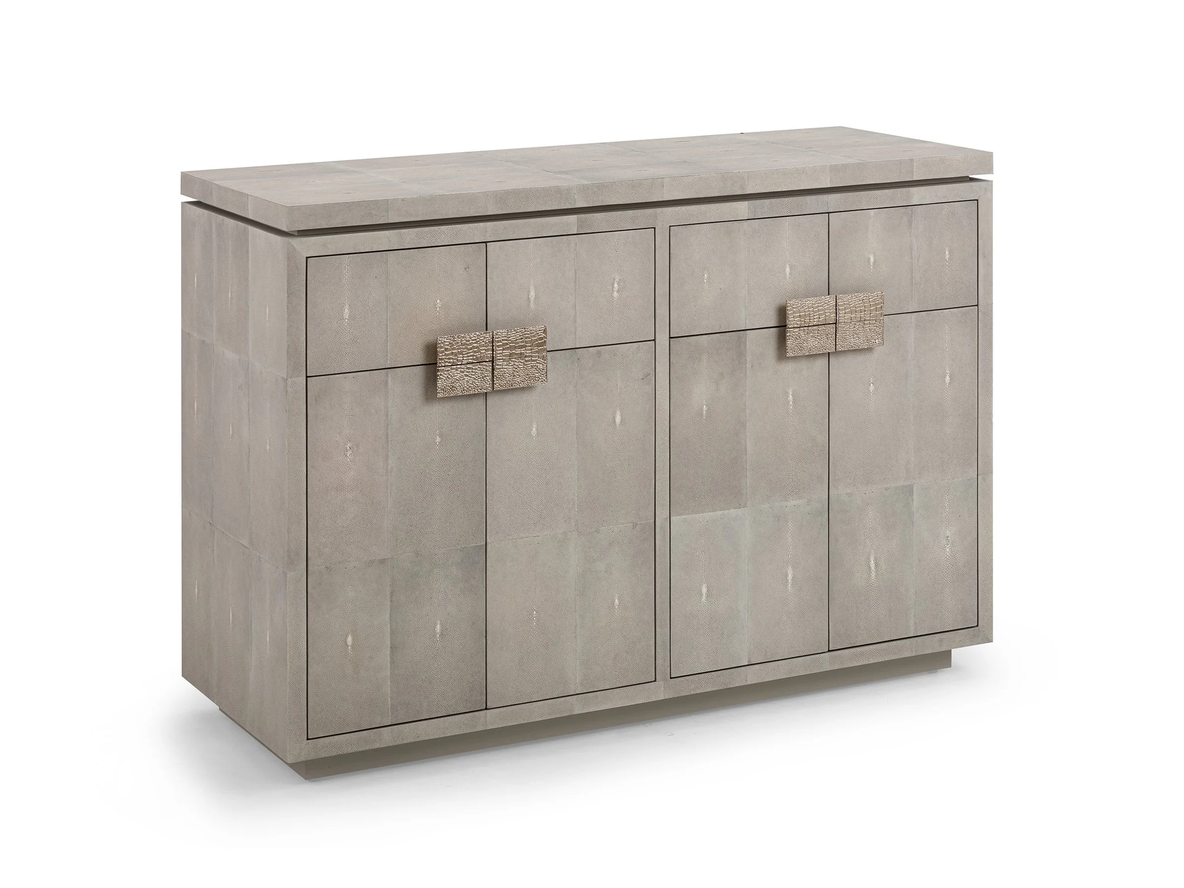 Elizabeth 4-door buffet in Watergrey Shagreen with polished bronze "alligator" pulls.