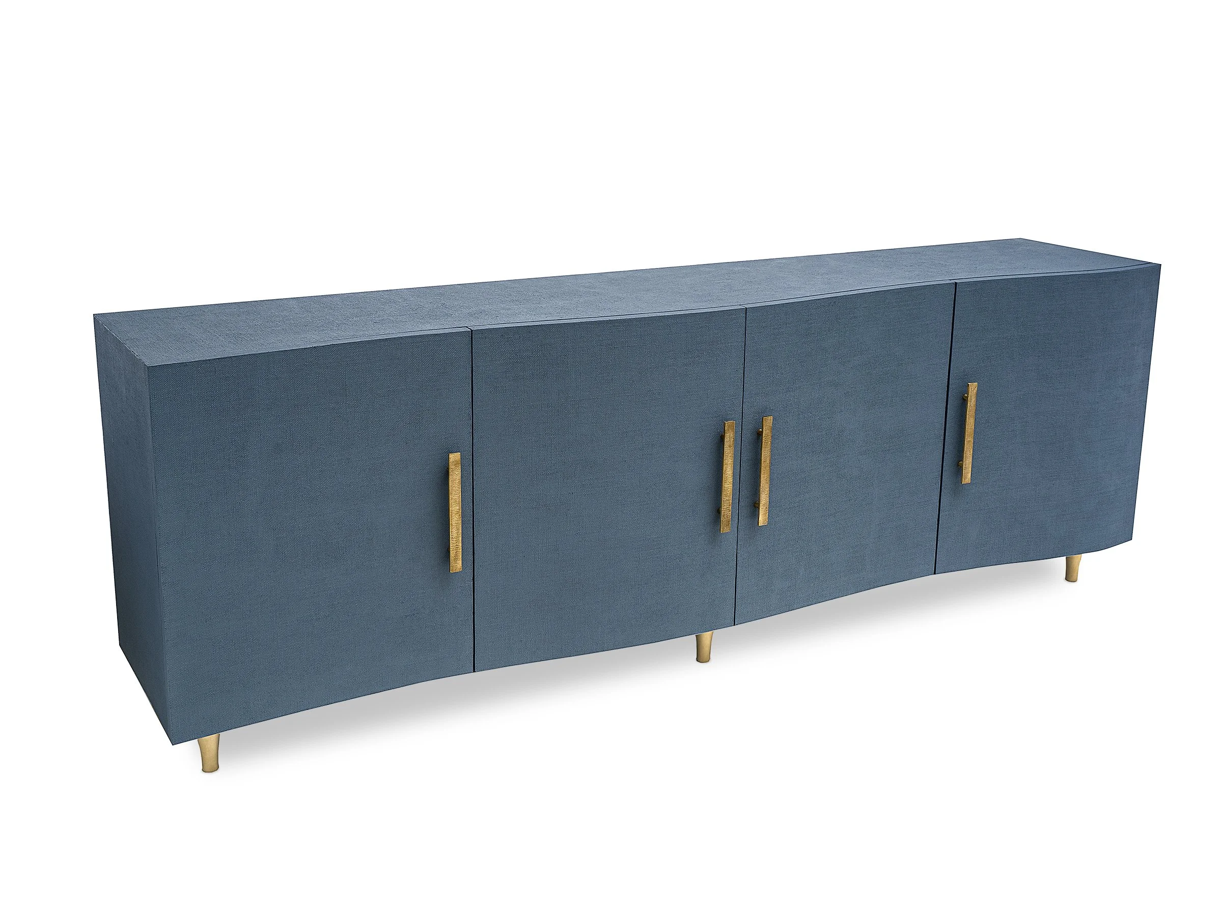 Angled view of the New Wave Cabinet in Lagoon lacquered linen with antique bronze hardware and feet.