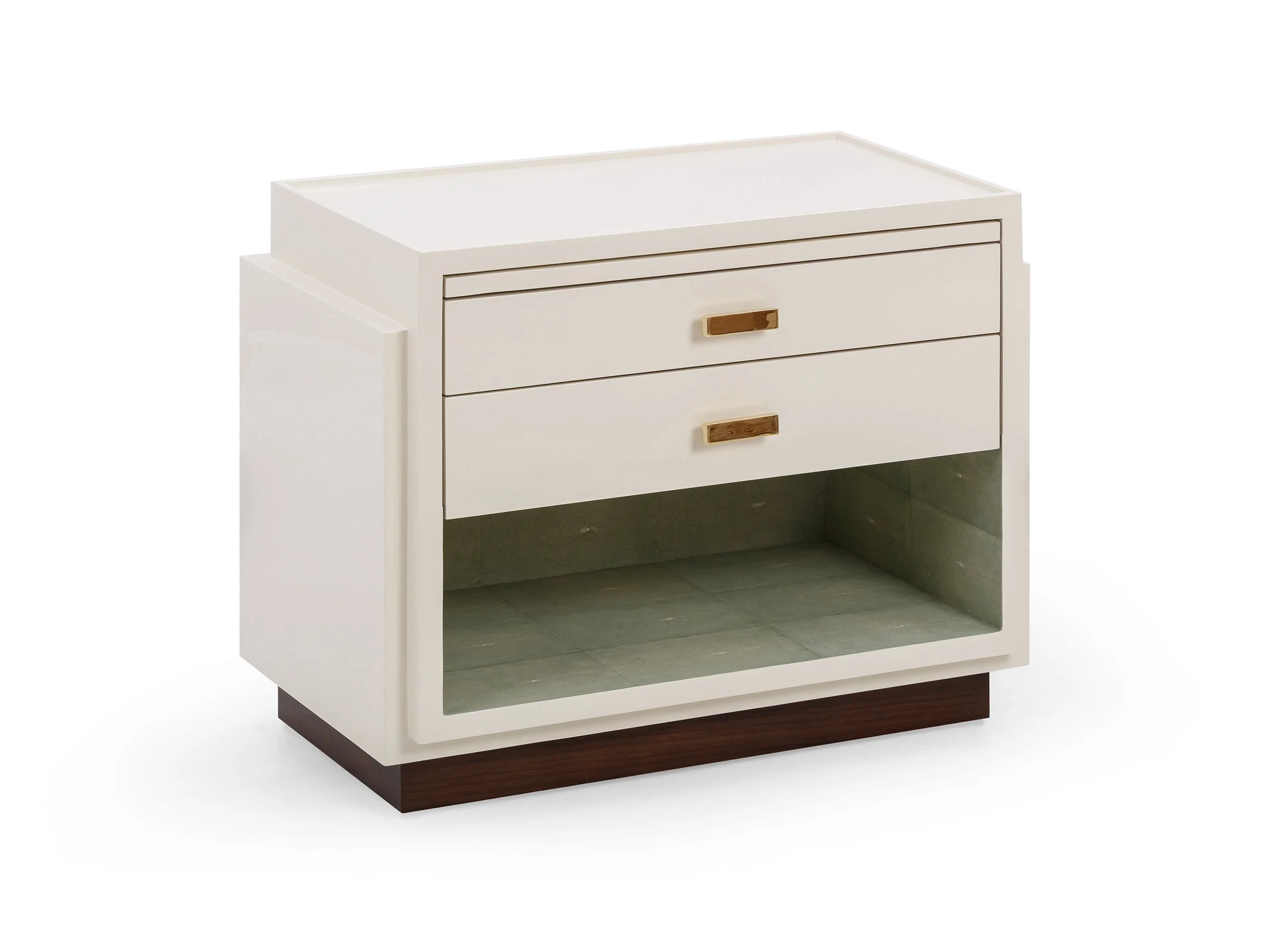 Angled view of the Phillip Stand in Moonshine Lacquer with Shagreen interior