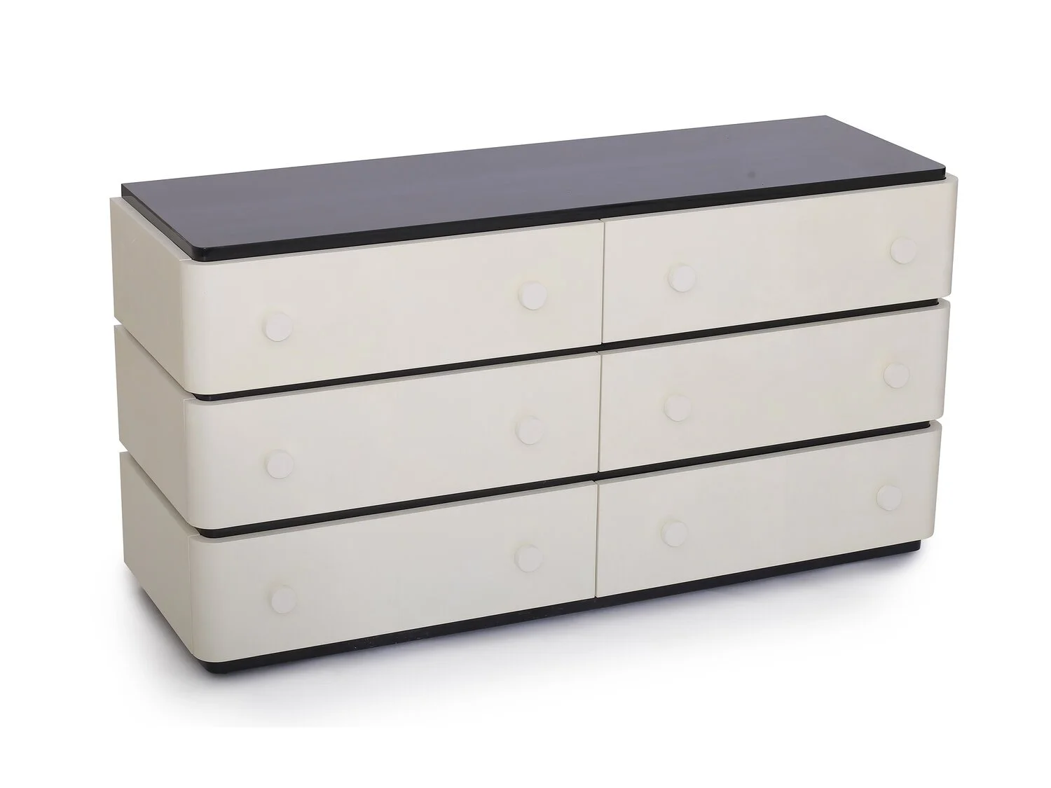 Mid Century Dresser – six drawers in bleached parchment and deep walnut, angled view