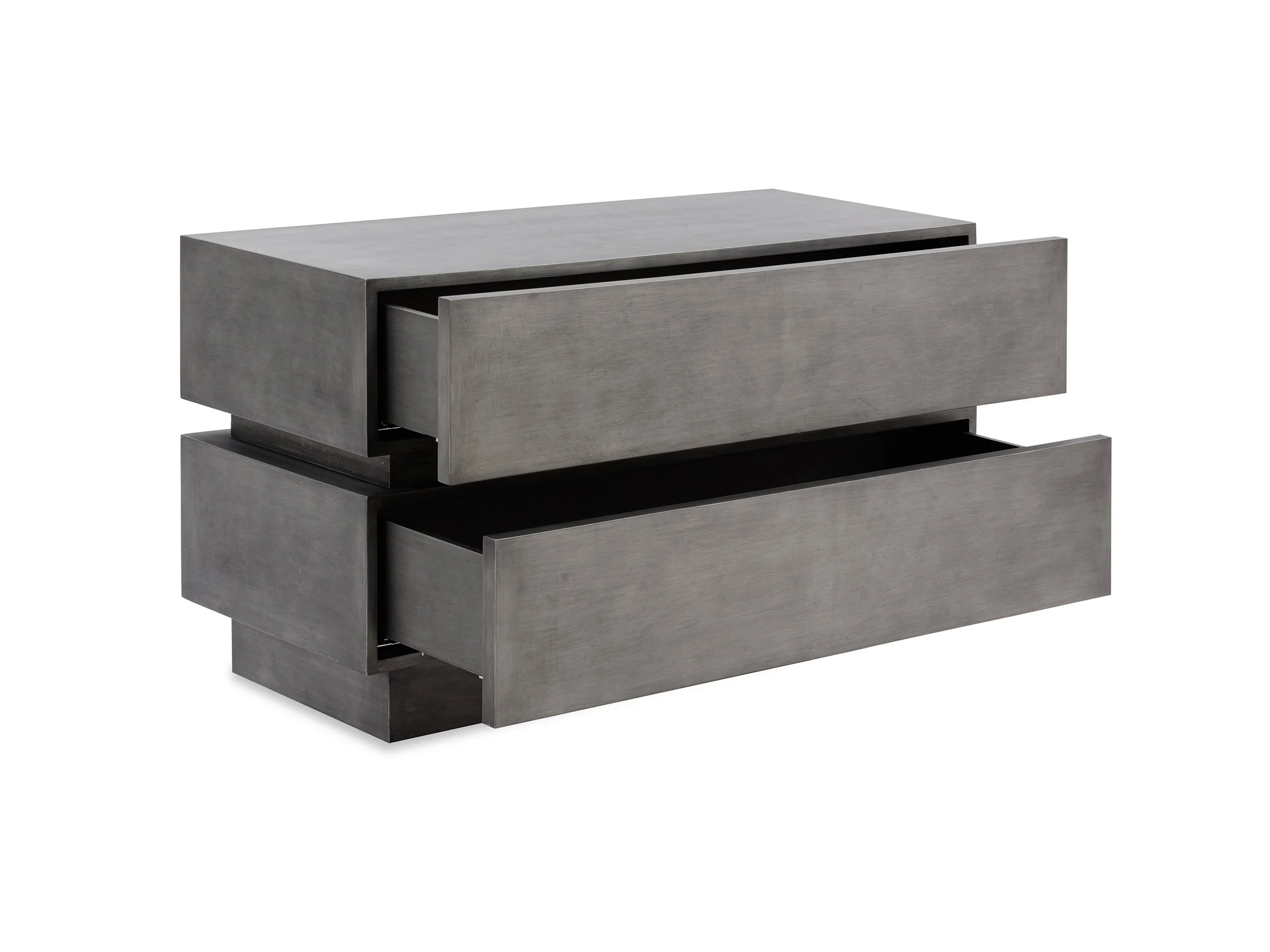 Angled view with drawers open of The Oscar Stand in Tungsten Foil Lacquer with two drawers, modern geometric design.