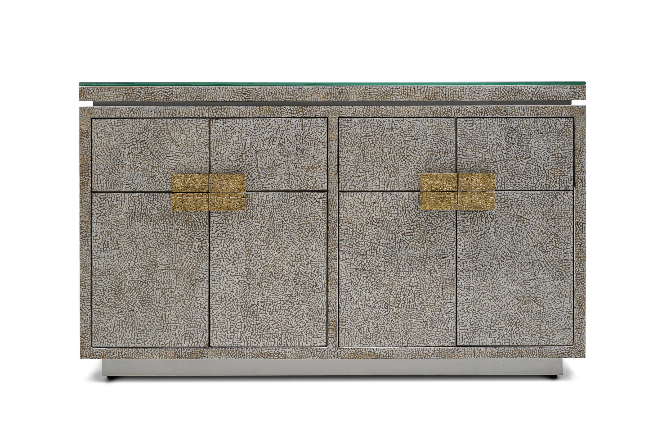 Elizabeth Buffet 4-door in silver snakeskin eggshell lacquer with textured bronze pulls – front view.