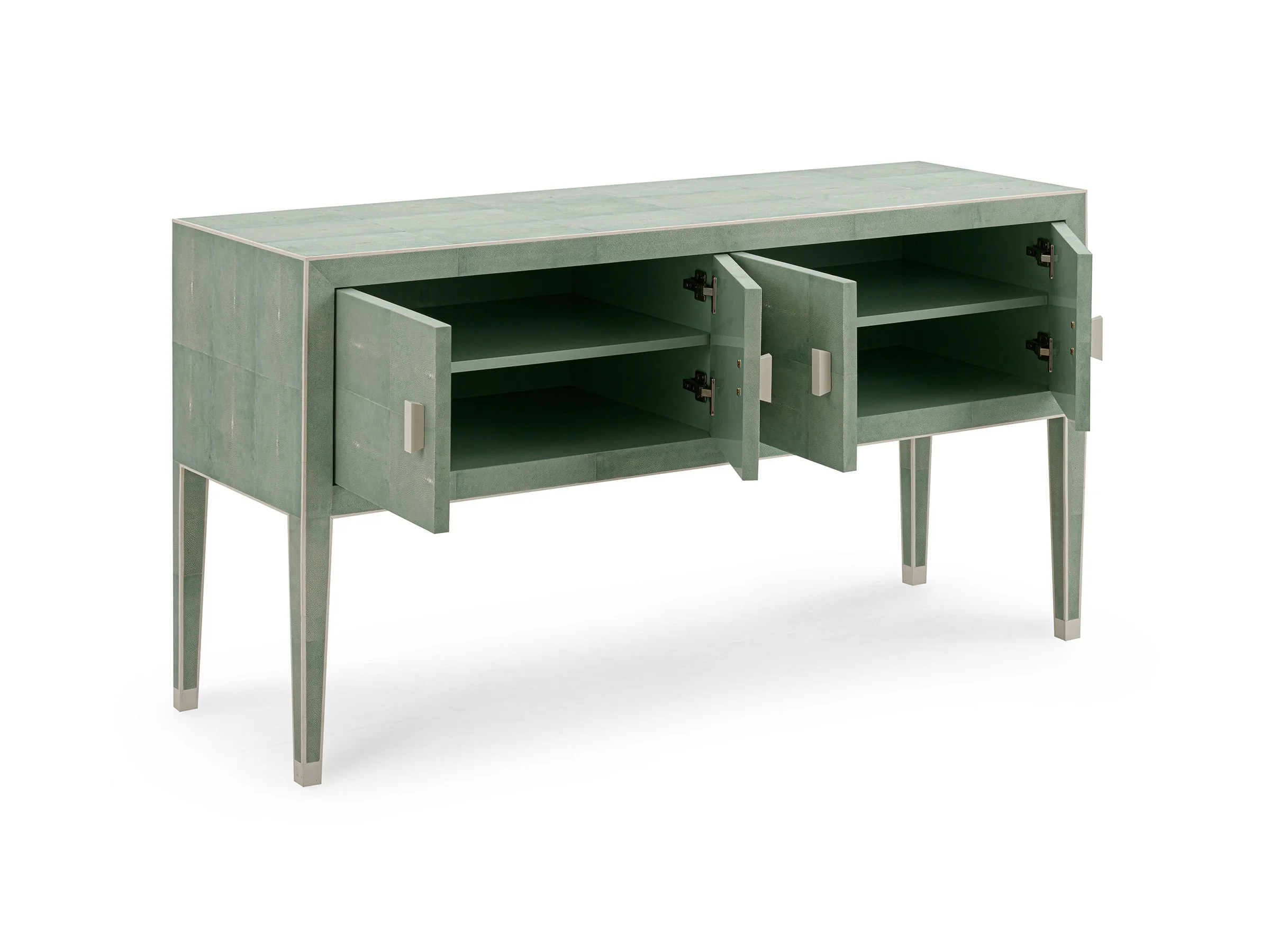 Open view of Matthew 4-Door Cabinet in La Mer Shagreen revealing interior storage