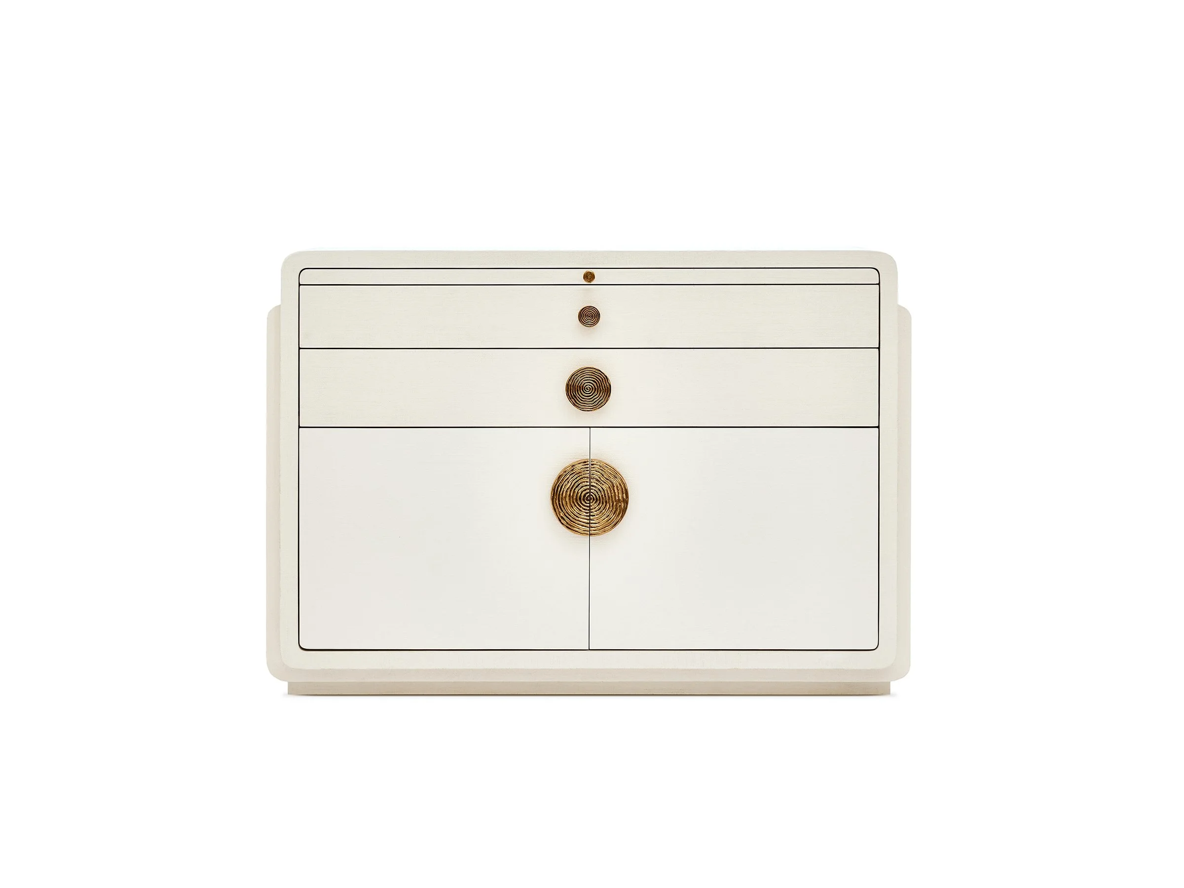 Front view of the Phillip Buffet in Talc Lacquered Linen with bronze hardware