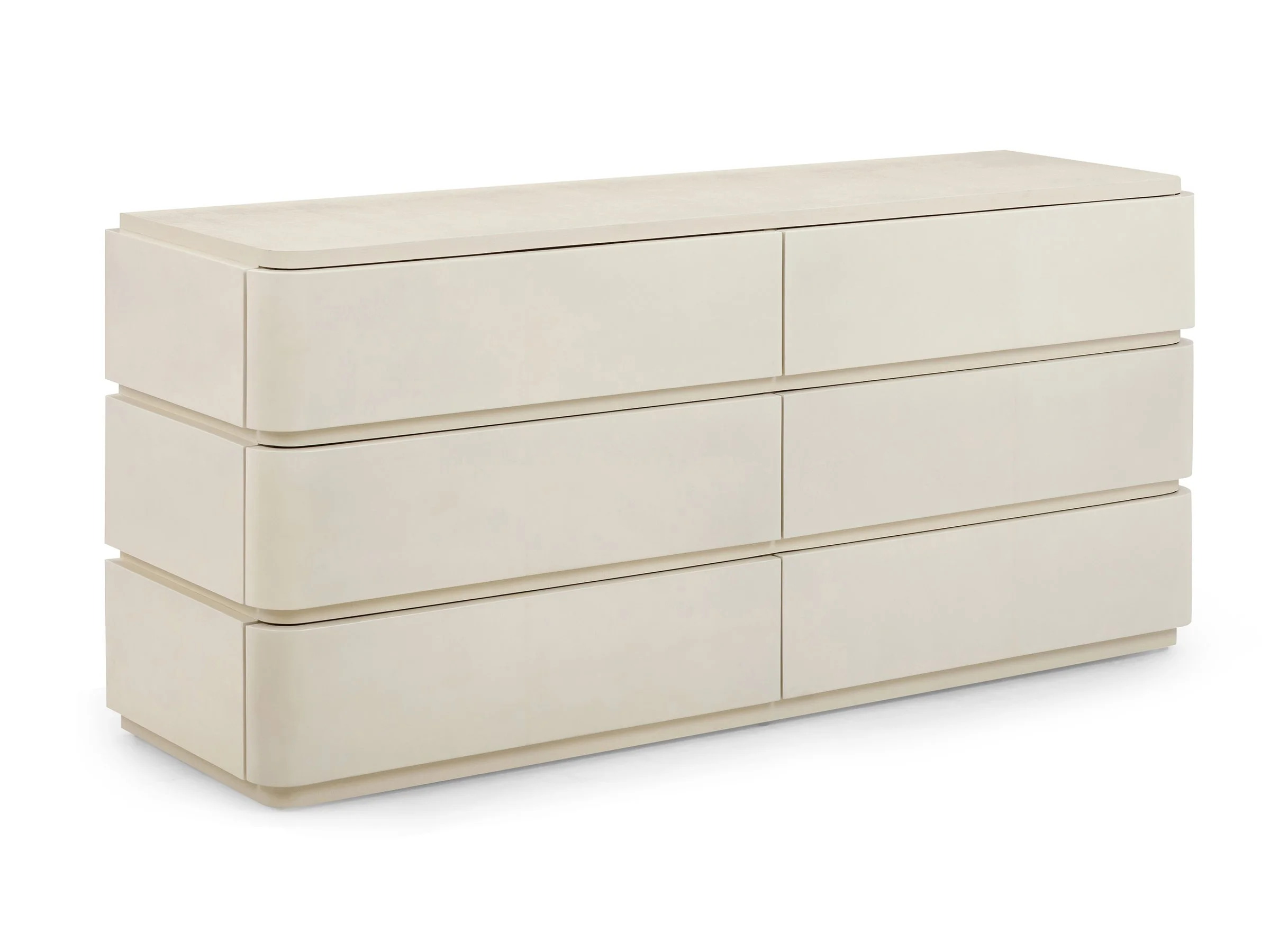 Mid Century Dresser – six drawers in shoreline lacquered linen, front view