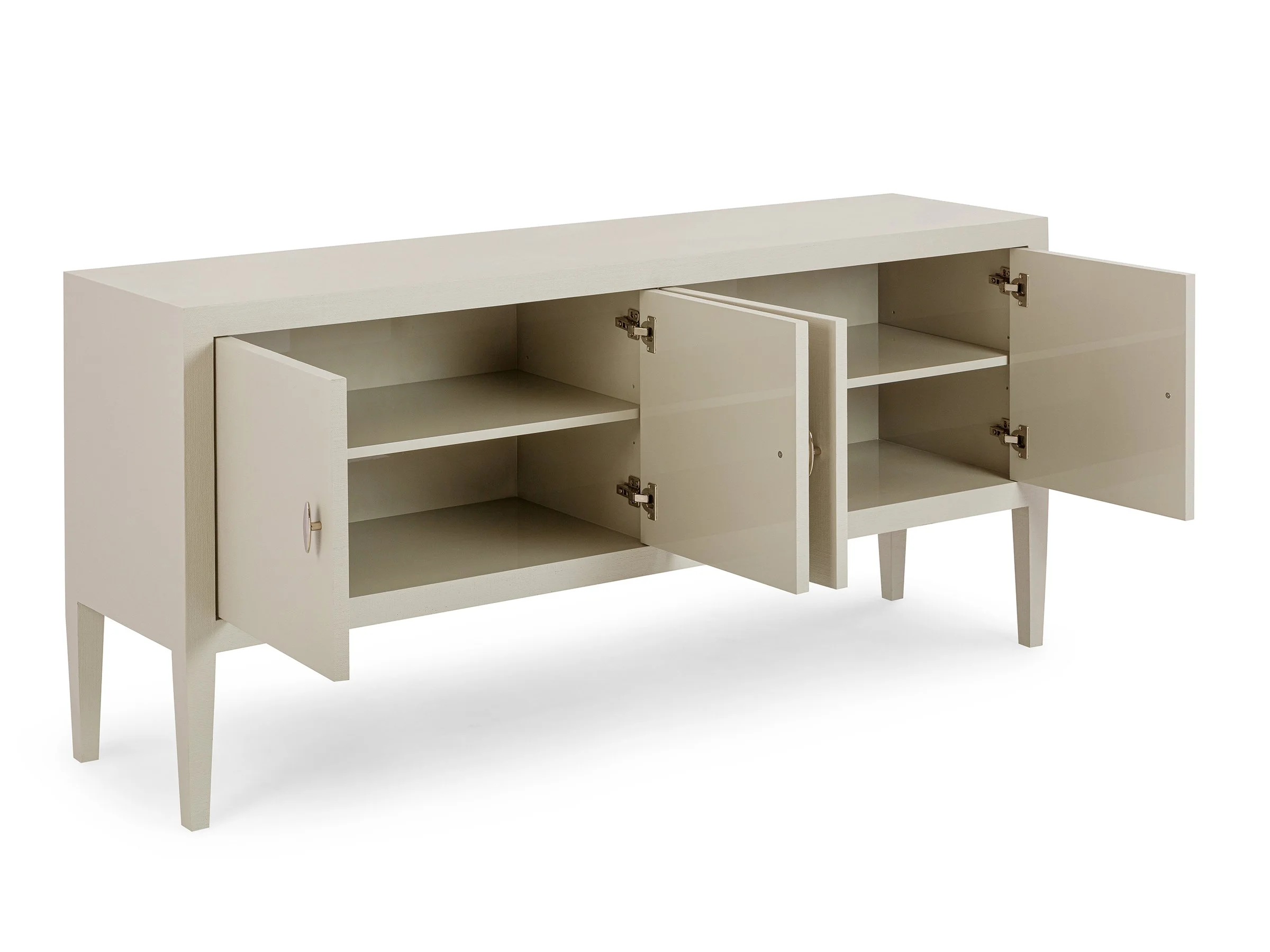 Open view of Matthew 4-Door Cabinet revealing interior storage