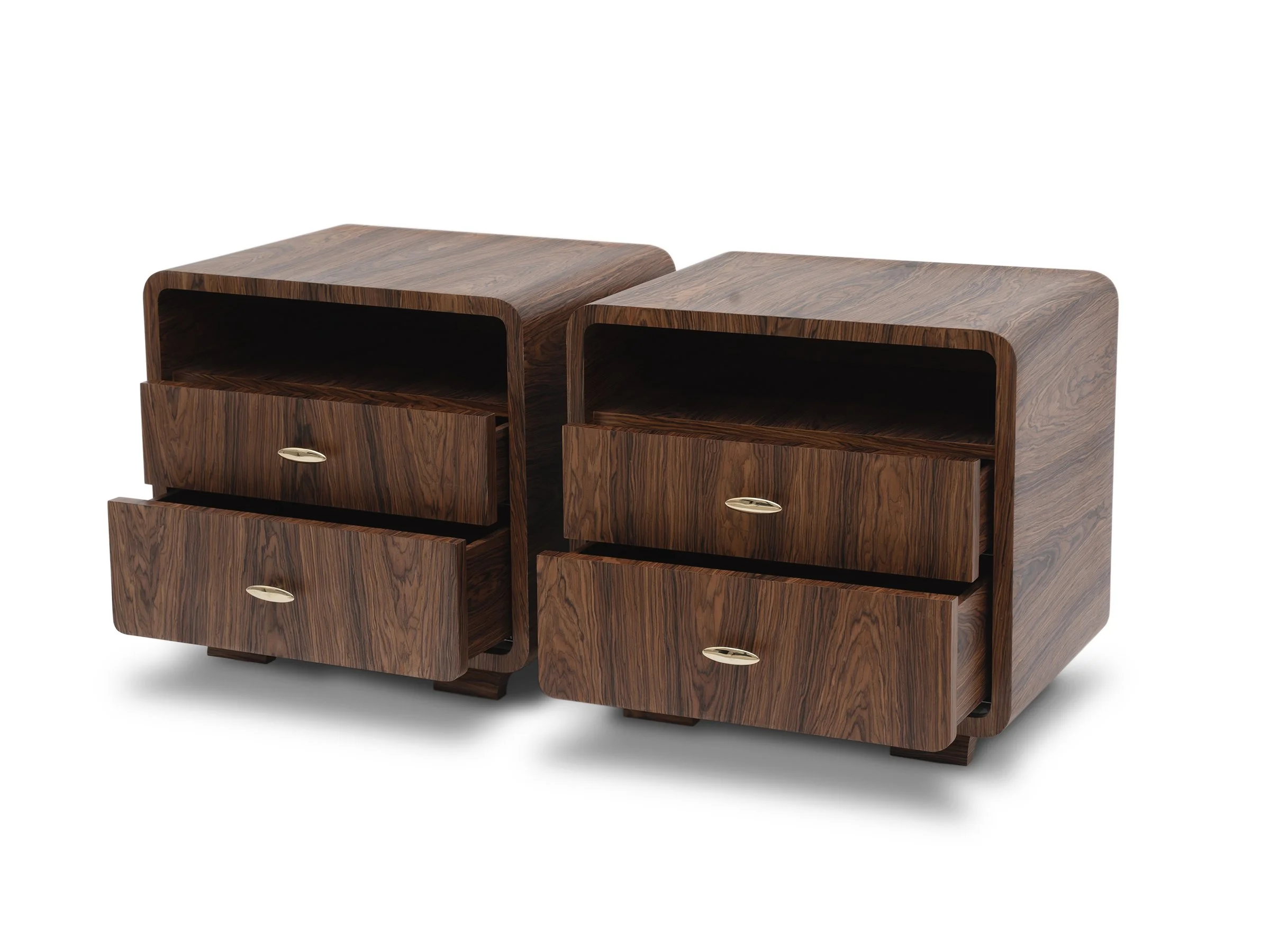Angled view of the Glenda Nightstand in Rosewood with drawers optn