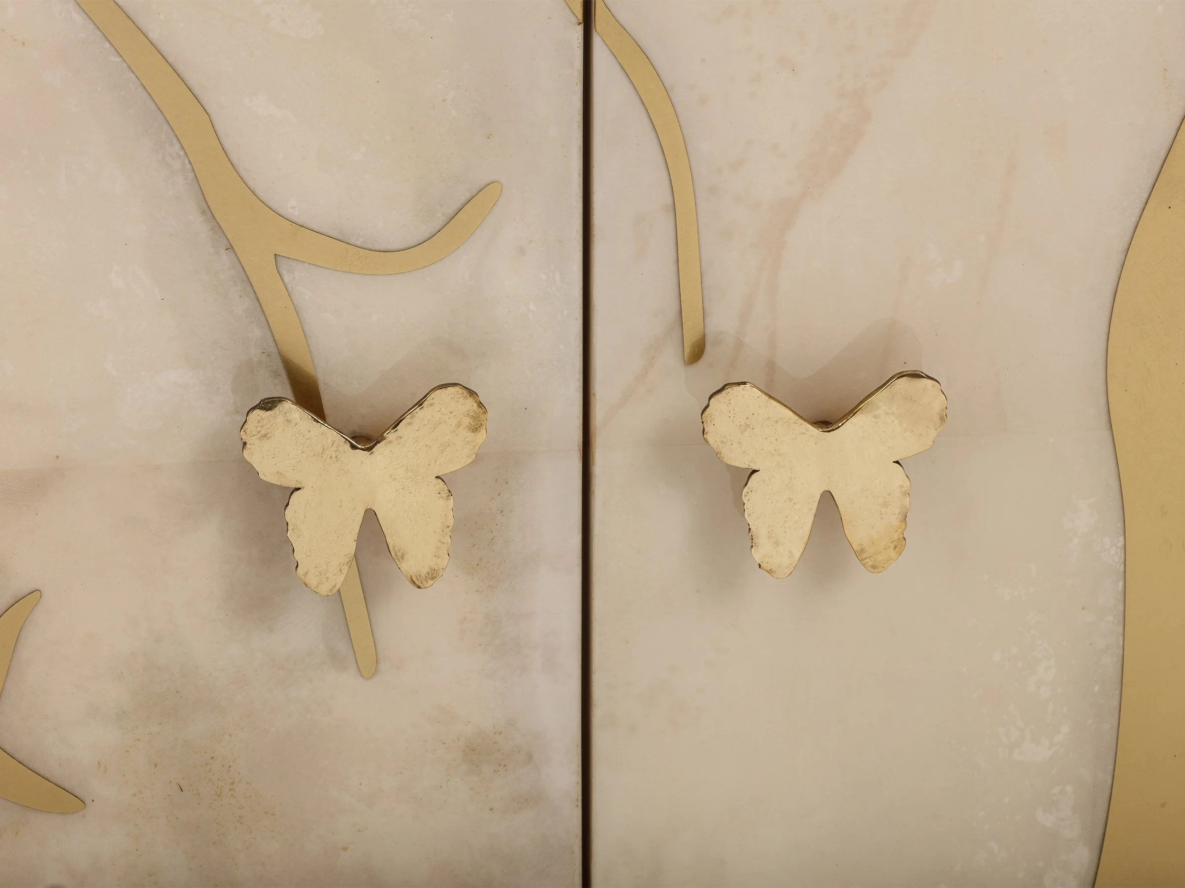 Detail of polished bronze butterfly pull on Faux Bois Cabinet.