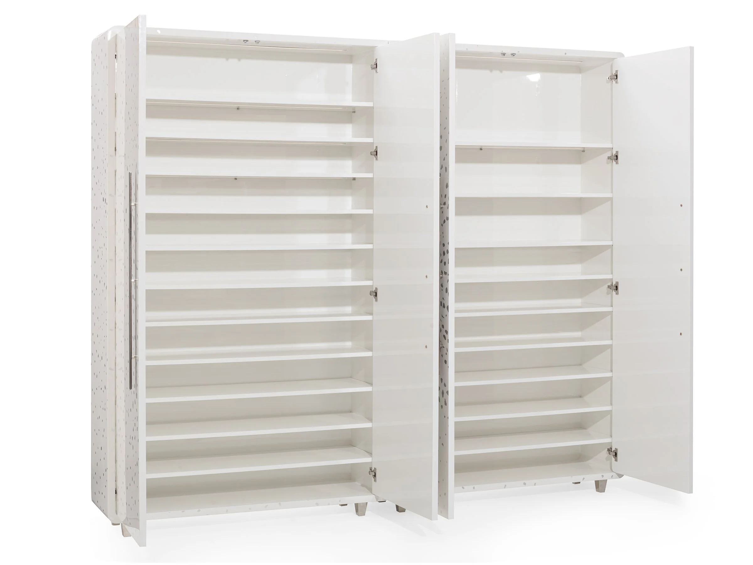 Glenn Armoire in talc and silver eggshell lacquer with doors open showing extensive shelving