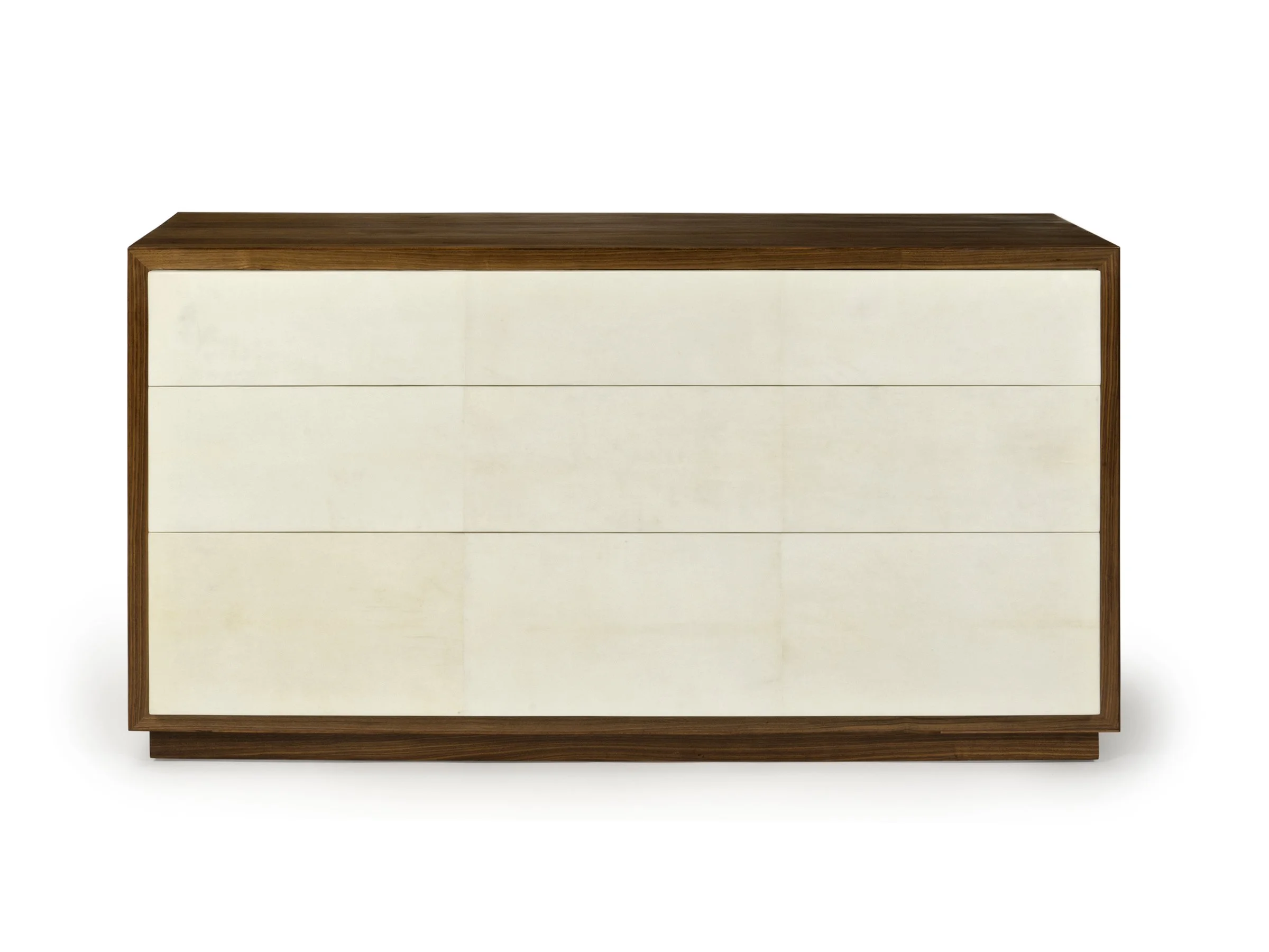 Front view of The William Chest in natural walnut with bleached parchment drawer fronts