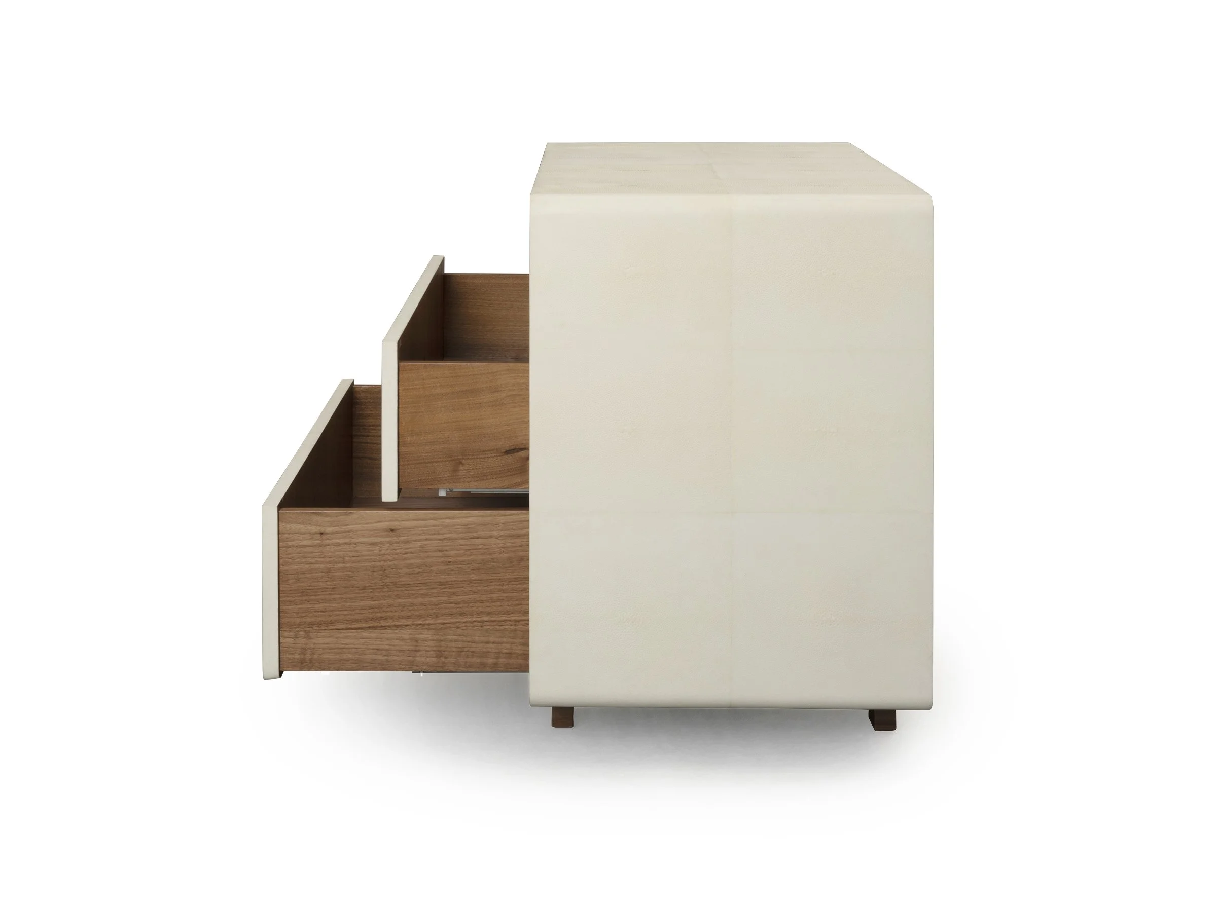 Side view of the Glenda Nightstand in Ivory Shagreen with drawers open