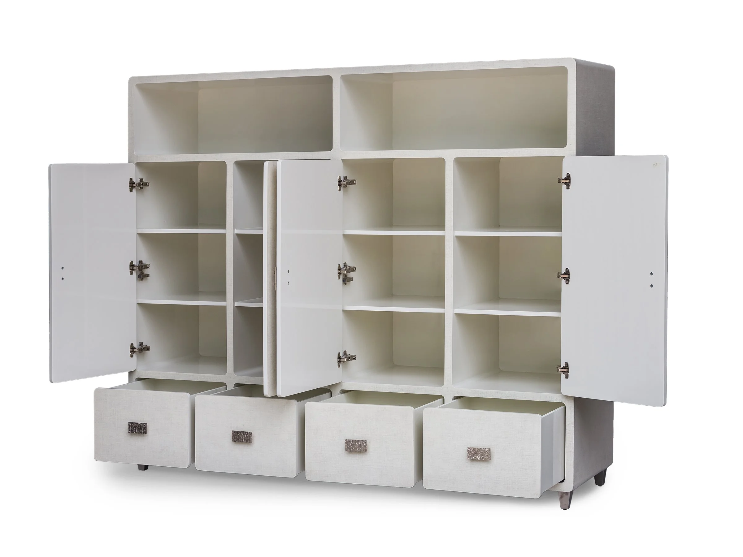 Glenn Armoire in Snow Lacquered Linen with doors open