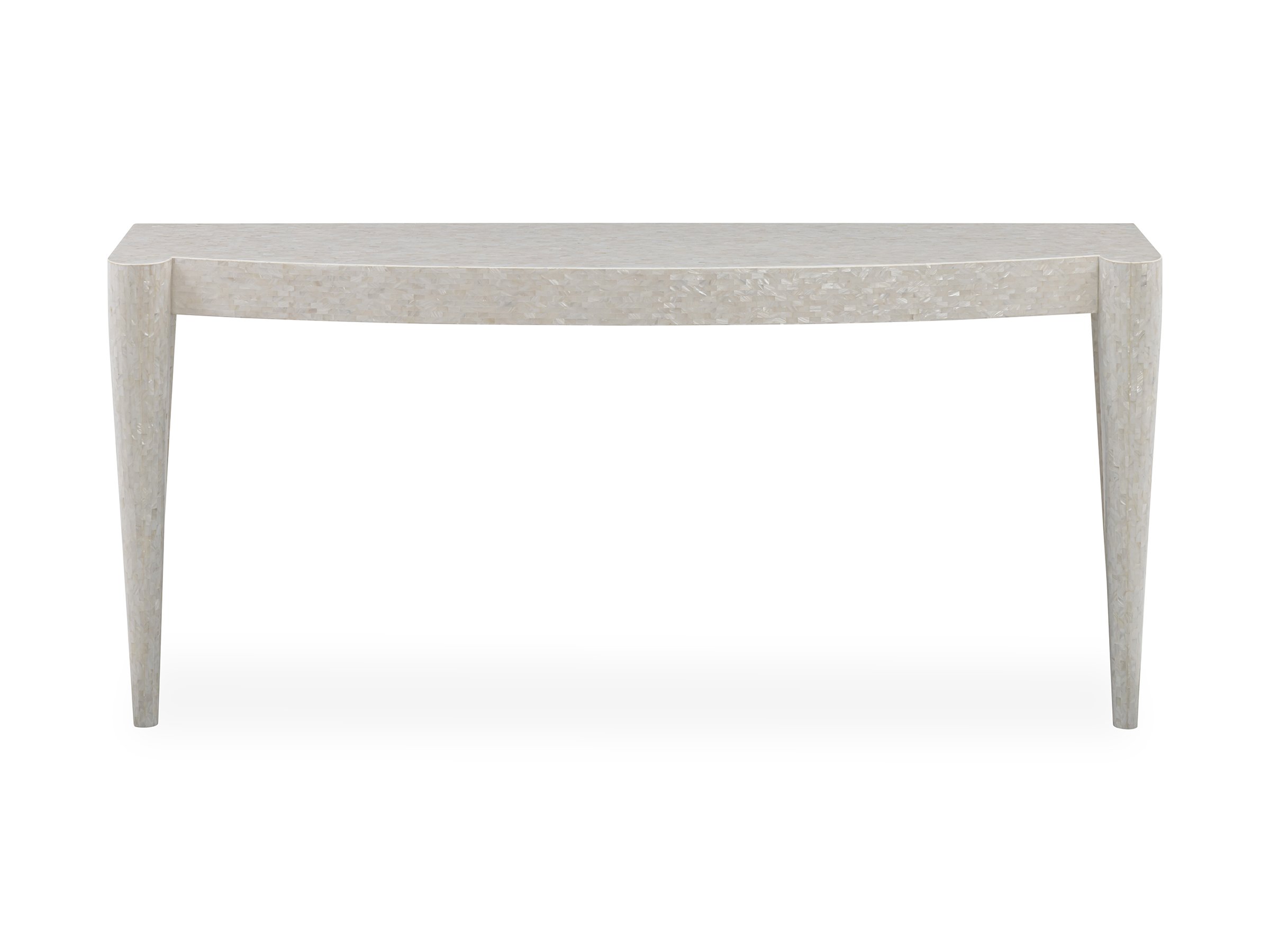 Custom sized Butler Console in White Mother of Pearl finish, front view.