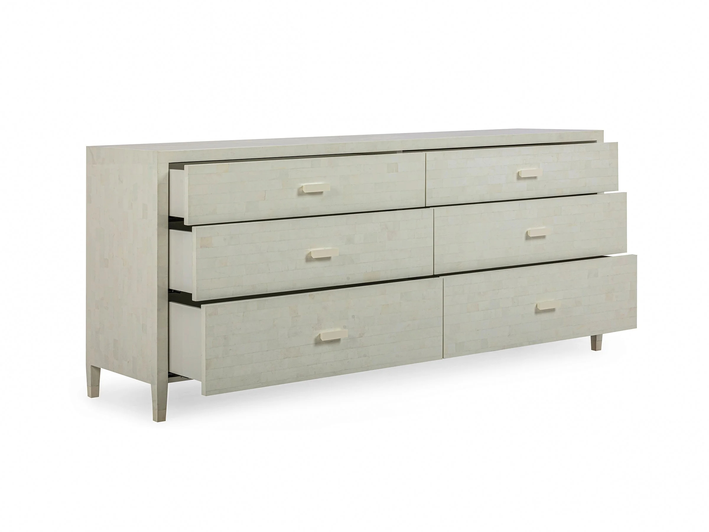 Front view of the Double Matthew Chest in White Brushed Eggshell Lacquer showing open drawers