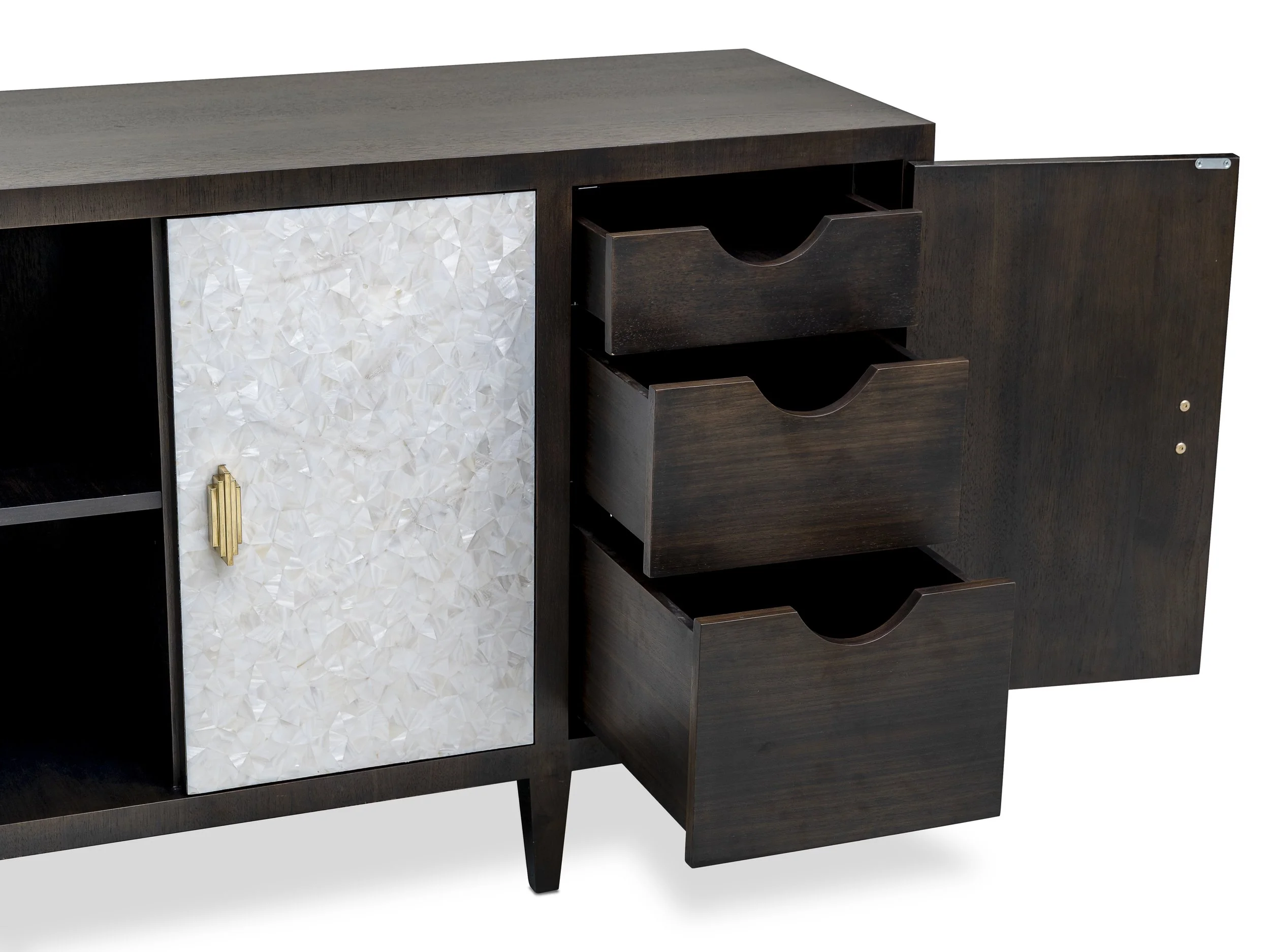 Open side view of The Mercer Credenza showing concealed drawers behind doors
