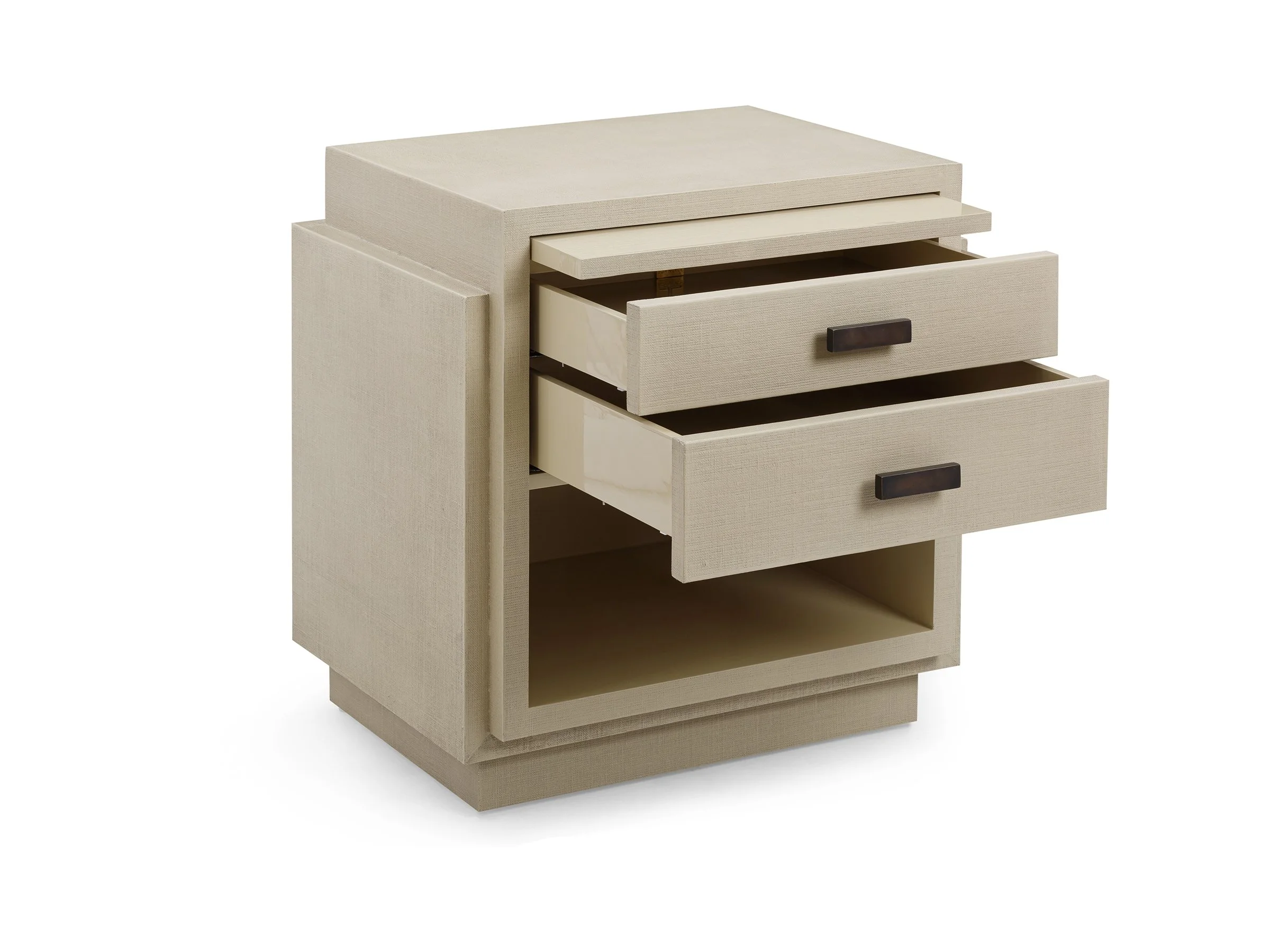 Front view of The Phillip Stand in canvas Lacquered Linen with drawers open.