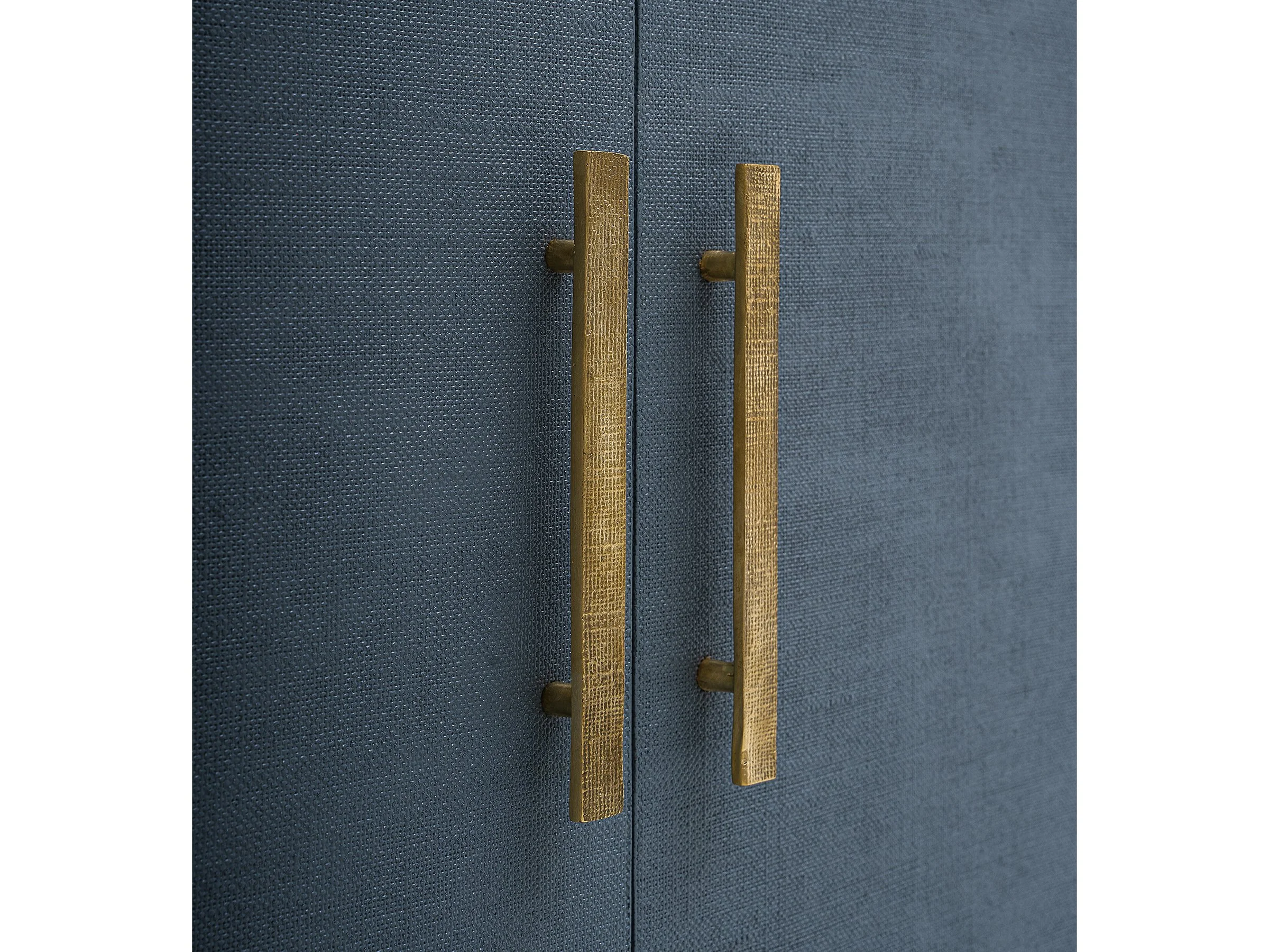 Detail view of the New Wave Cabinet in Lagoon lacquered linen showing antique bronze handles.