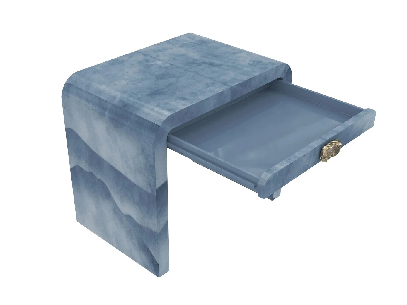 Horizon Stand with open drawer, showing Azure Ombre parchment finish and Iridium hardware
