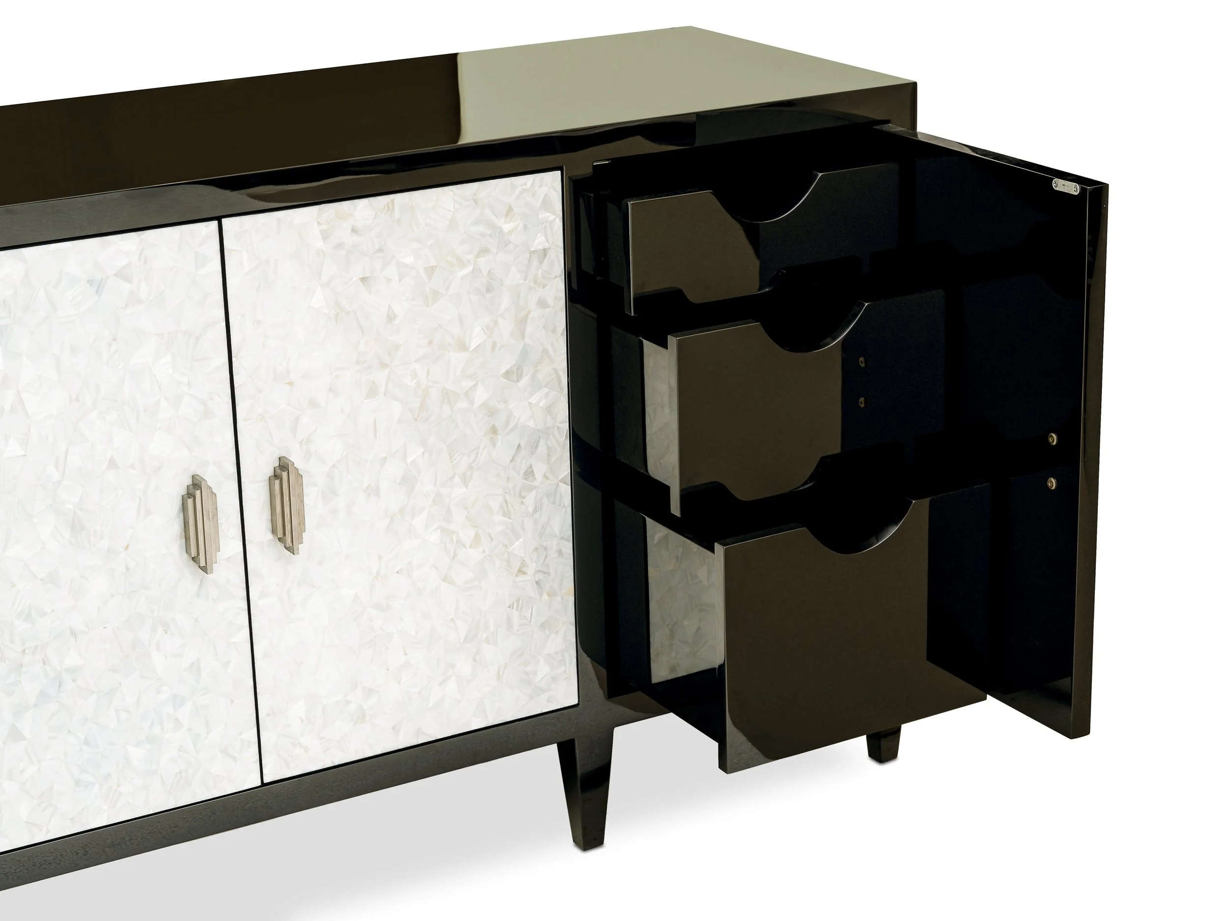 Open side view of The Mercer Credenza showing concealed drawers behind doors
