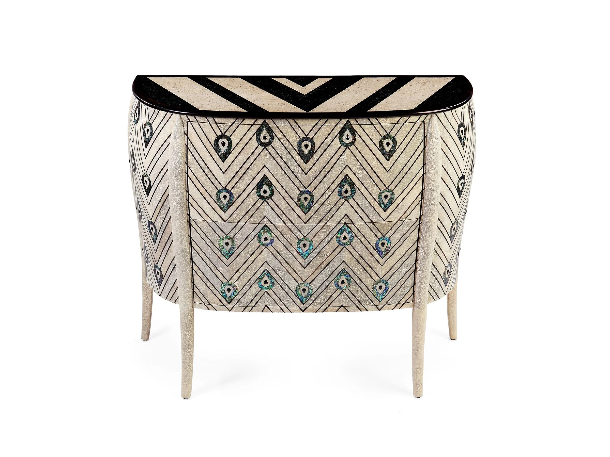 Front view of The Royal Chest in Antique Shagreen with Ebony trim and Abalone inlays